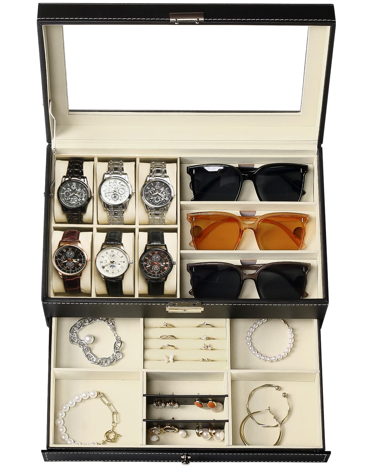 Jenseits 6-Slot Watch Box for Men & Women - PU Leather Watch Display Case with Lockable Drawer, Sunglasses Organizer & 2-Layer Jewelry Storage - Perfect Watch Holder for Father's Day Gifts, Travel & Home Decor