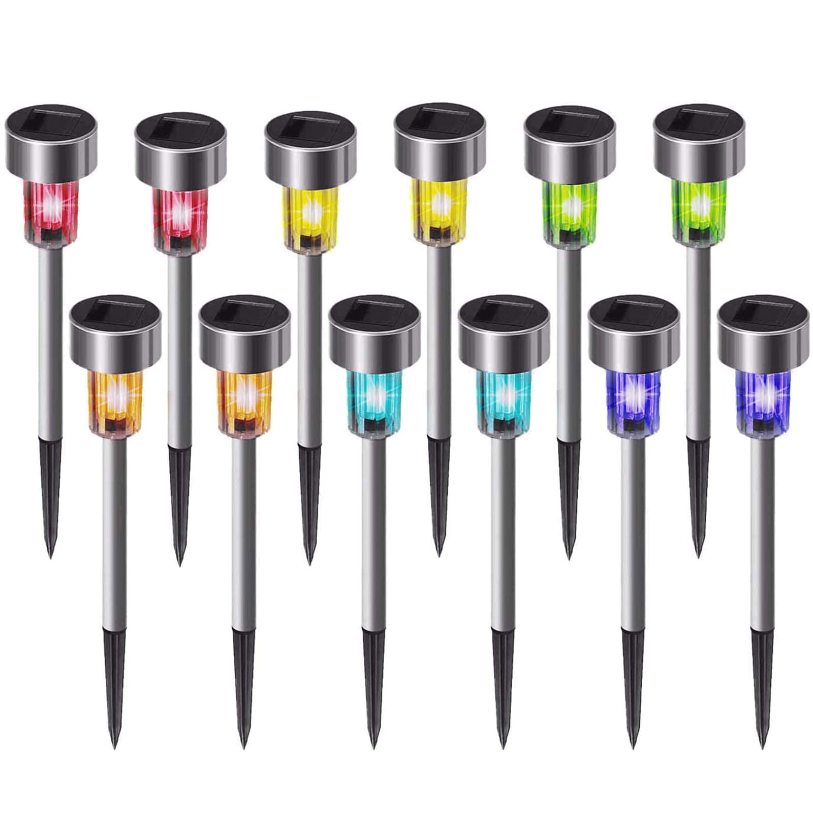 **Solar Powered Outdoor Lights Waterproof - 12 Pack Multicolor LED Landscape Lighting for Garden, Pathway, Walkway, Patio, Yard & Lawn - Durable Stainless Steel Design for All-Weather Use**    *(Perfect for enhancing nighttime ambiance, improving safety, and adding decorative charm to outdoor spaces like gardens, driveways, and backyard gatherings.)*