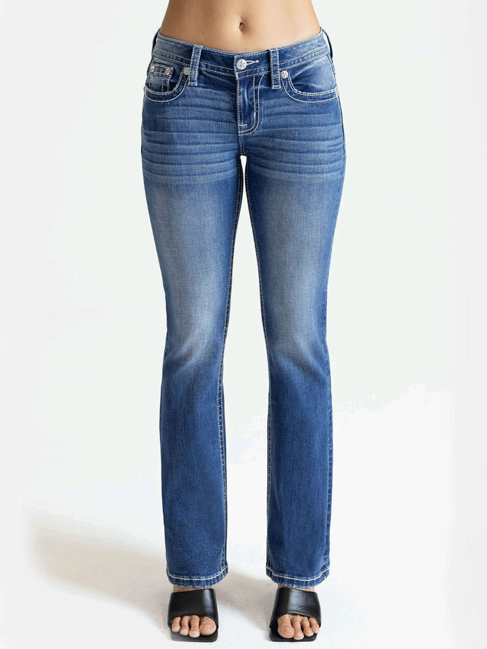 Miss Me M9368BV Women's Mid Rise Bootcut Jeans in Medium Blue - Perfect for Casual Wear, Work & Everyday Comfort