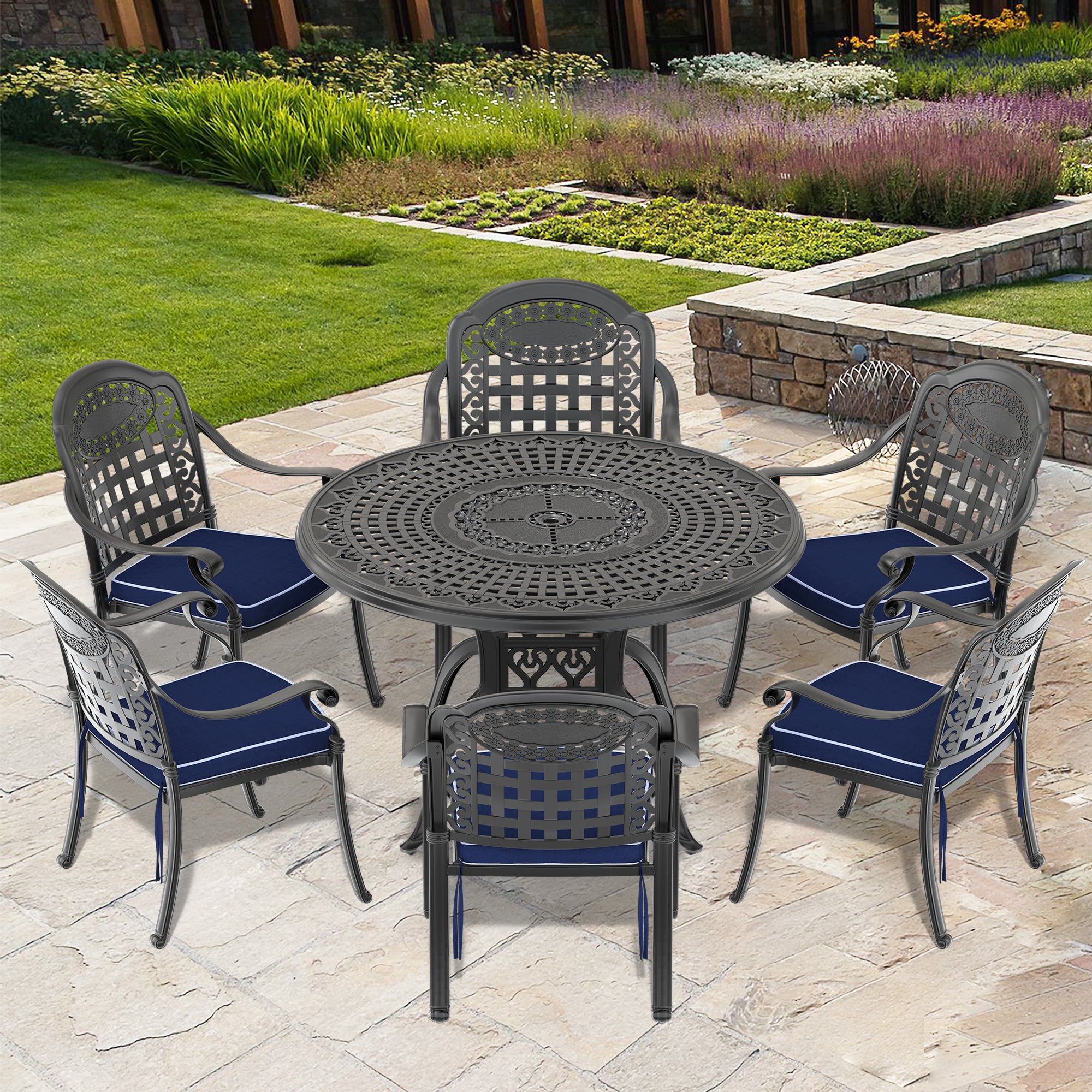7-Piece Cast Aluminum Patio Furniture Set with Cushions - Outdoor Dining & Lounge Set - Durable Weather-Resistant Garden Furniture for Backyard, Poolside & Patio