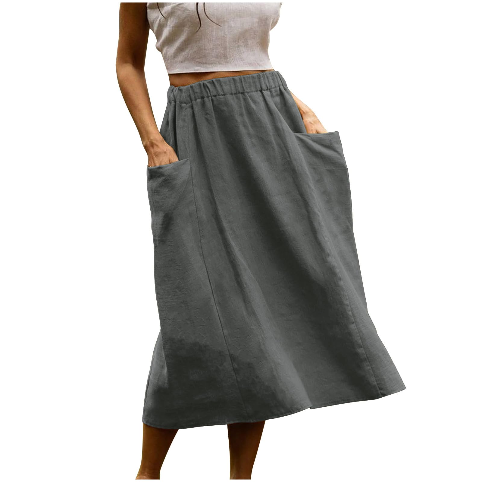 Women's Elastic Waist A-Line Midi Skirt with Pockets - Stretchy Flared Swing Skirt for Casual Wear, Beach & Vacation Outfits | Perfect for Summer, Travel & Everyday Fashion