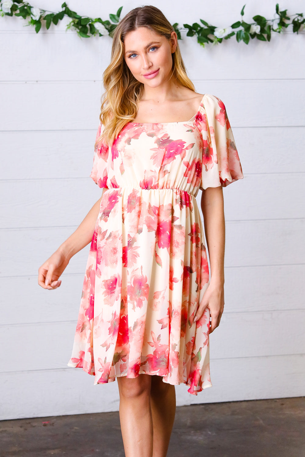 Elegant Peach Floral Chiffon Puff Sleeve Dress for Women - Summer Wedding Guest Outfit & Garden Party Dress