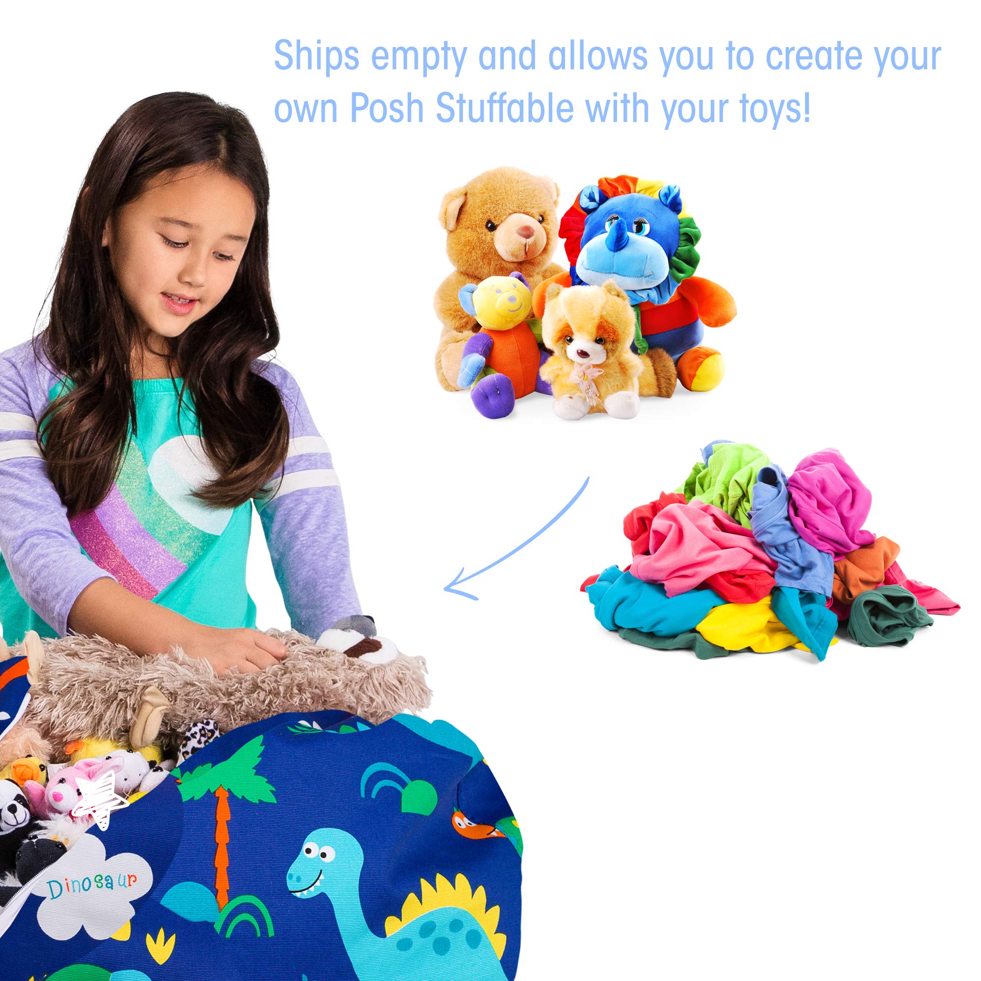 Posh Kids Stuffed Animal Storage Bean Bag Chair Cover - Dinosaur Toy Organizer for Children, Medium (27 Inches) - Blue Canvas Fabric | Perfect for Playroom, Bedroom & Nursery Organization