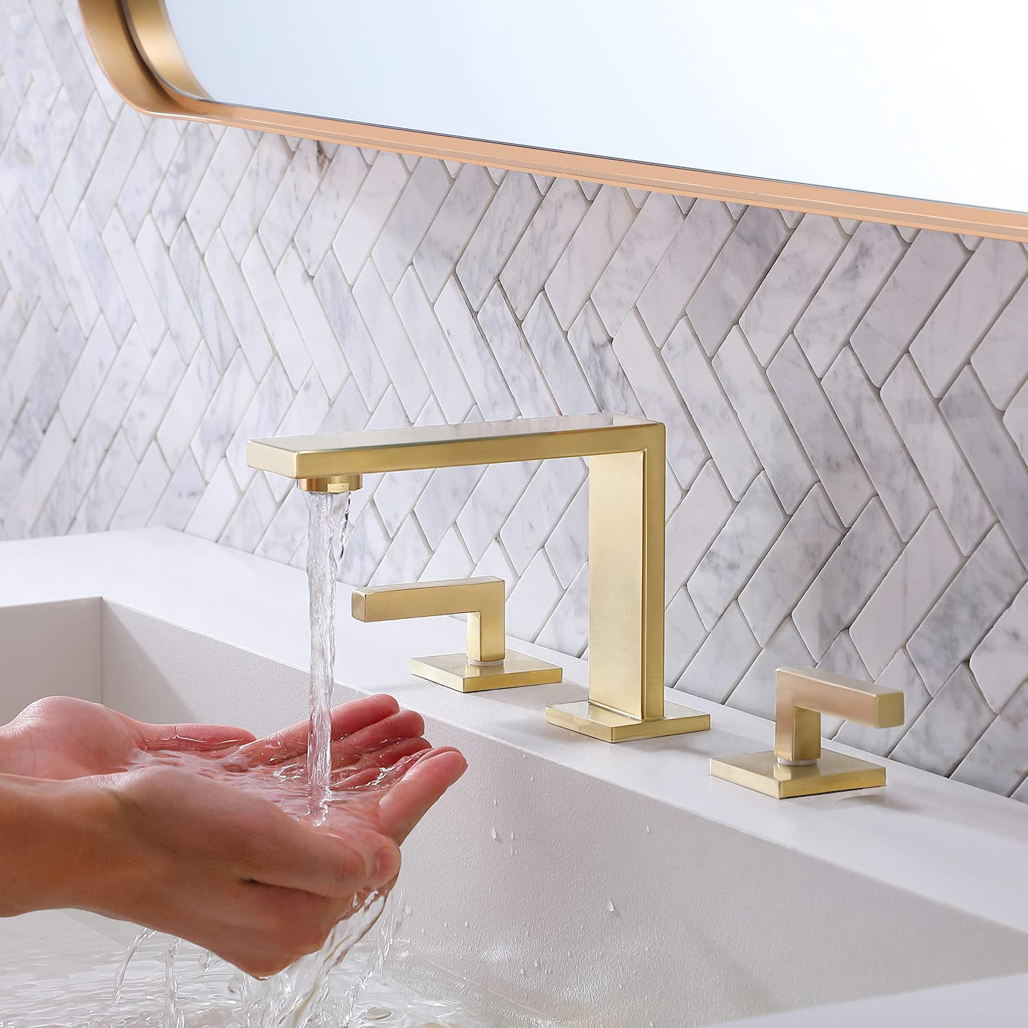 Premium Brushed Gold Bathroom Faucet - Modern 2-Handle 3-Hole Widespread Design - Solid Brass Construction with Water Supply Lines - Perfect for Vanity Sinks in Luxury Bathrooms & Commercial Spaces