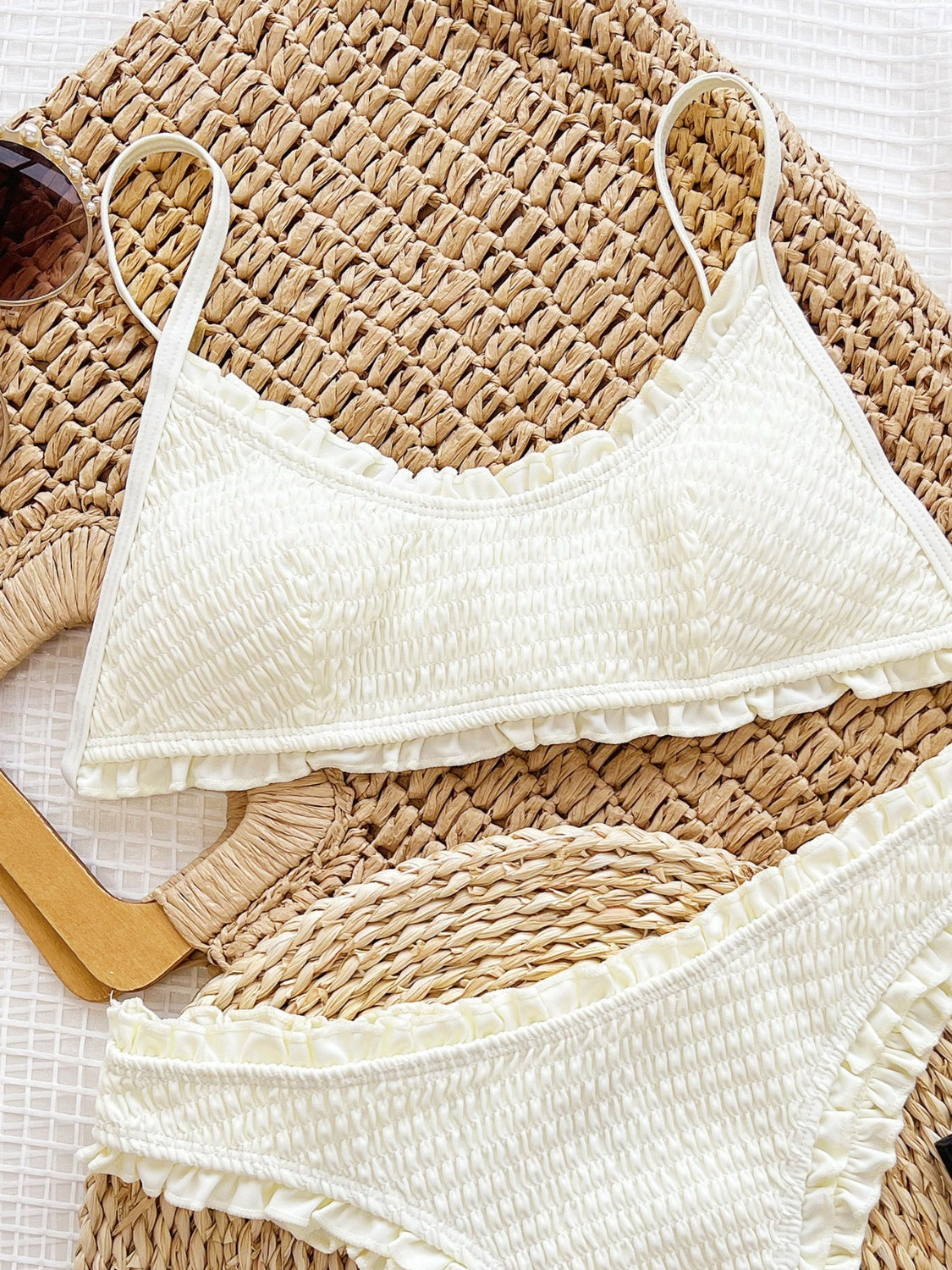 Frill Textured Spaghetti Strap Two Piece Swim Set - Women's Sexy Bikini Swimwear for Beach Vacation & Pool Party | Summer Fashion Trendy Outfit
