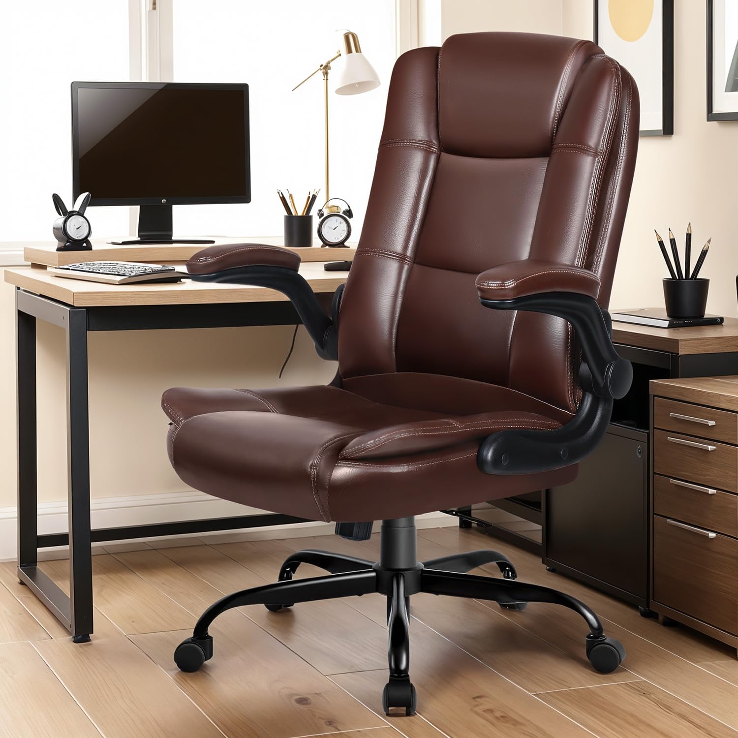 Premium Brown Leather Office Chair - Adjustable Ergonomic High Back Desk Chair with Flip-Up Armrests & Lumbar Support for Home Office, Gaming & Executive Workspaces