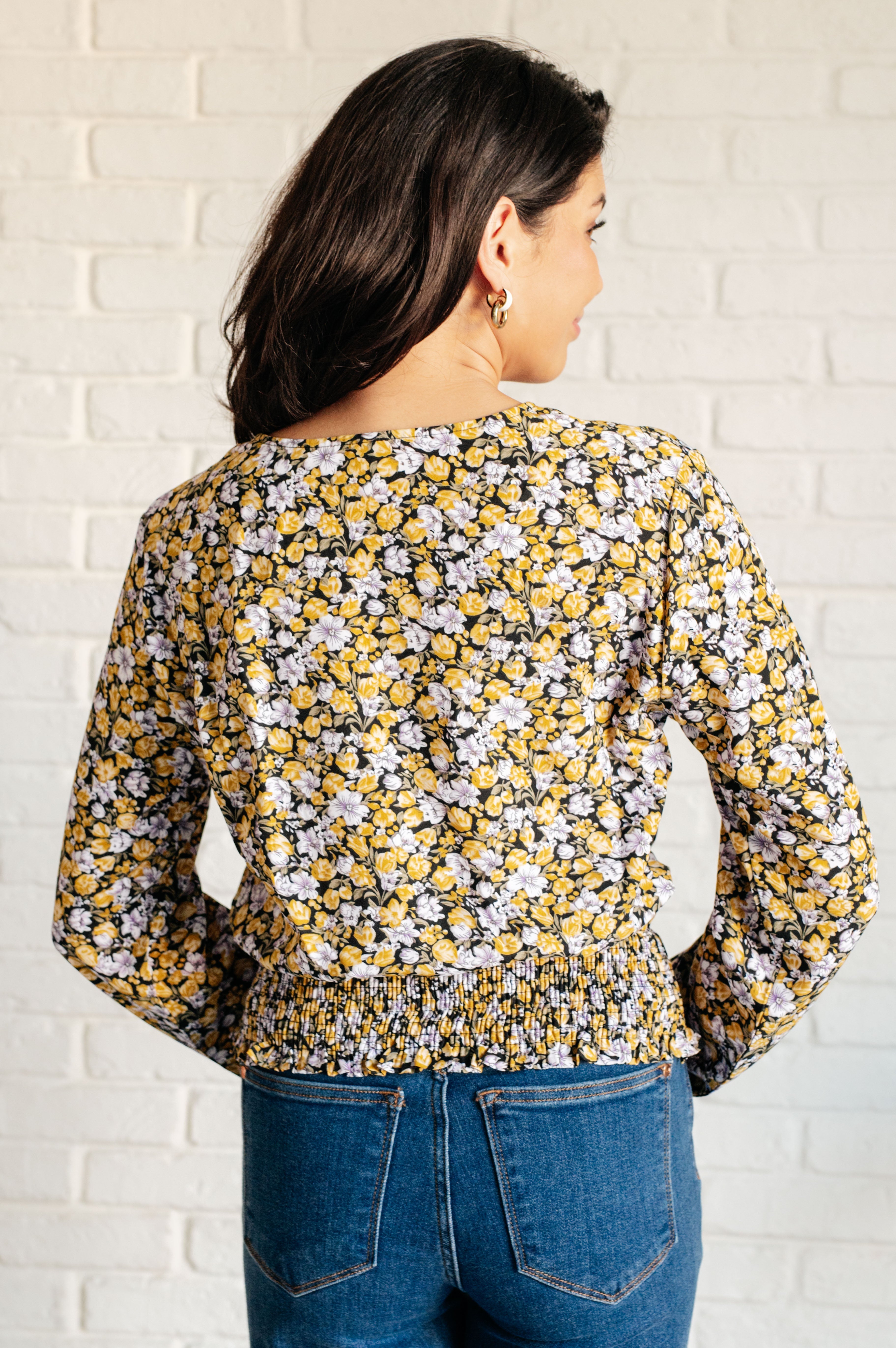 Honey Floral Smocked Blouse for Women - Elegant Black Blouse with Ruffled Sleeves & Floral Embroidery | Perfect for Spring Outfits, Date Nights & Office Wear