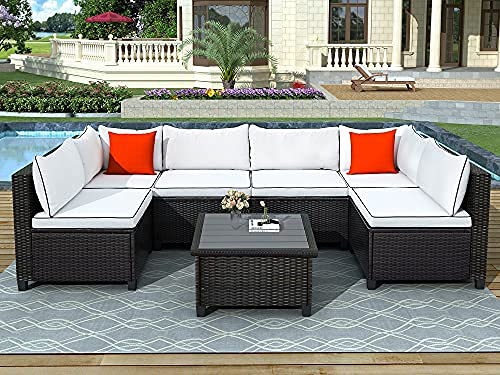 7-Piece Beige Wicker Patio Dining Set with Glass Top Table & 6 Chairs - Outdoor Furniture for Garden, Poolside & Backyard Entertaining