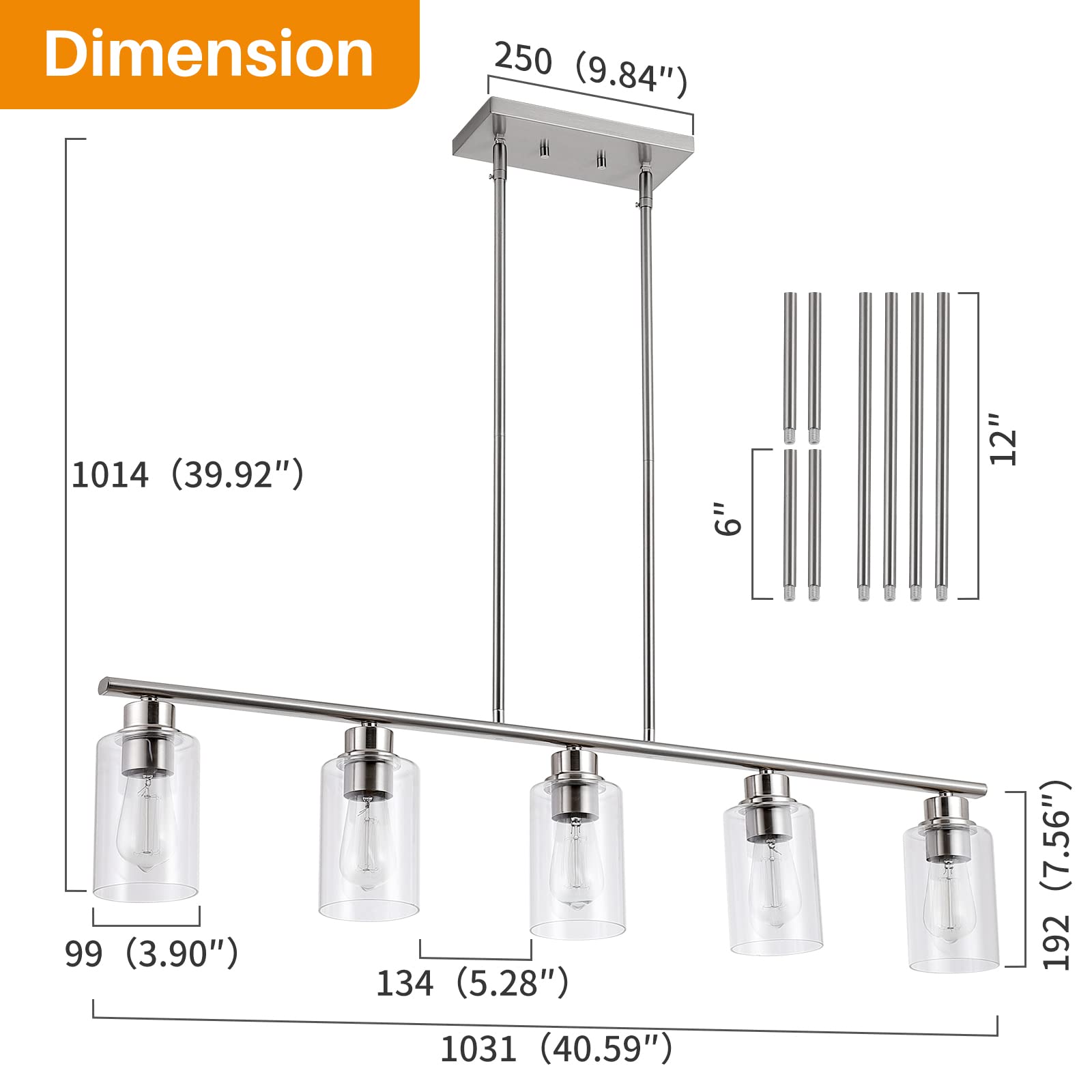 5-Light Farmhouse Pendant Lighting for Kitchen Island - Brushed Nickel with Clear Glass Shade - Perfect for Dining Room, Living Room & Kitchen Decor