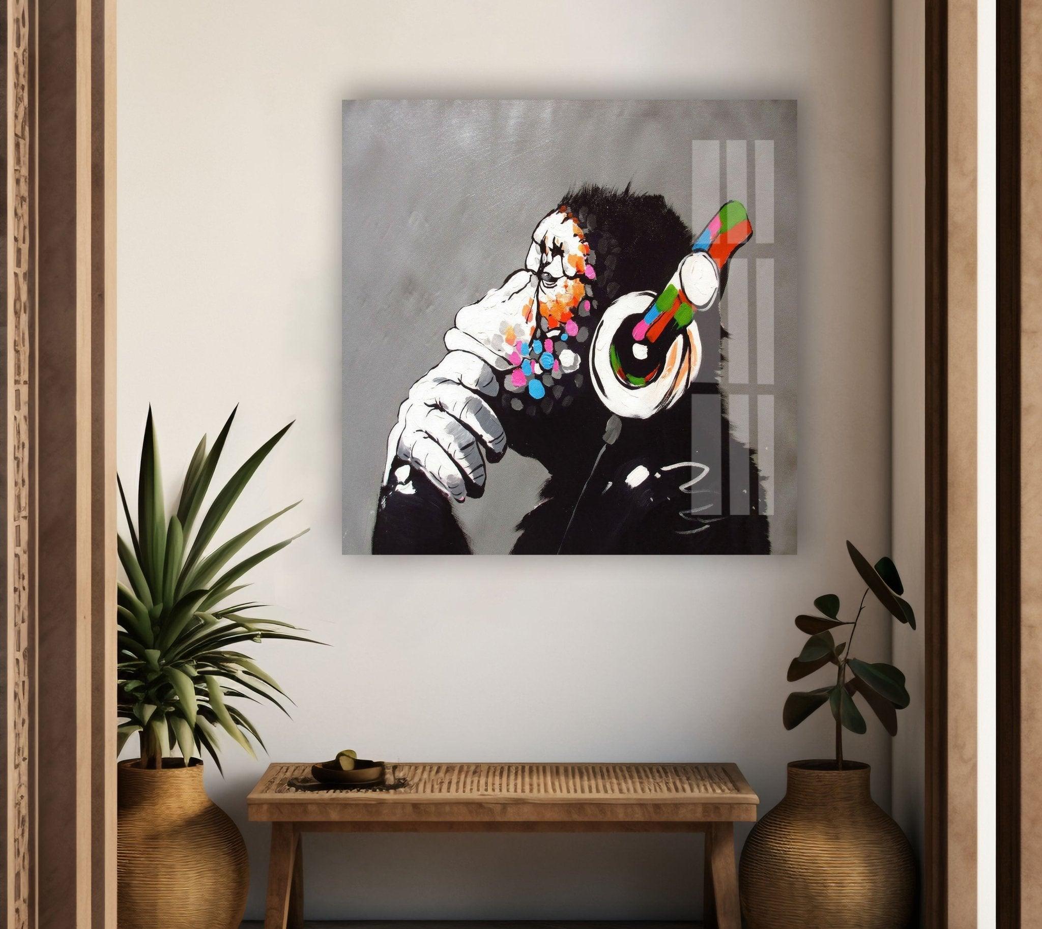 Banksy DJ Monkey Gorilla Thinking Glass Wall Art - Modern Canvas Print for Home & Office Decor - Perfect for Living Room, Bedroom or Studio