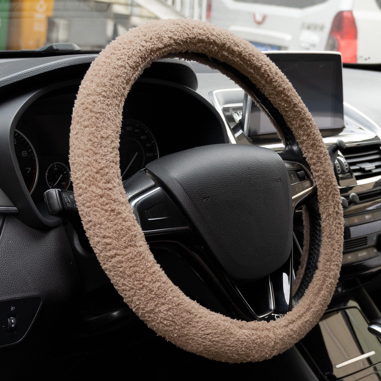 Fluffy Brown 15 Inch Universal Steering Wheel Cover - Soft & Cute Car Accessories for Women, Girls | Perfect for Winter Warmth & Stylish Car Decor