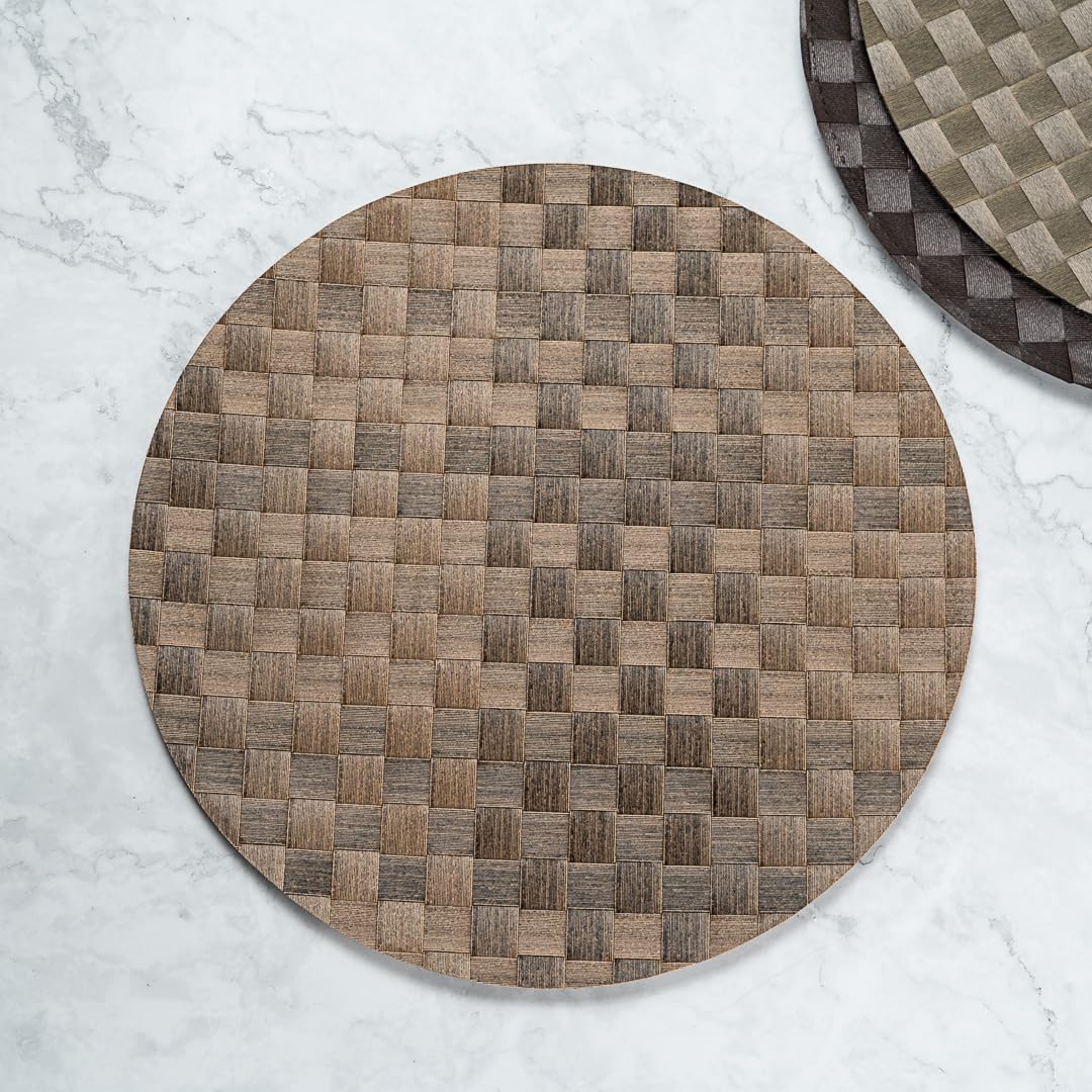 Restaurantware Macroweave 15 Inch Round Woven Placemats Set of 6 - Durable & Easy Clean Brown Plastic Table Mats for Dining - Perfect for Home Kitchen, Restaurant, Party, and Outdoor Use