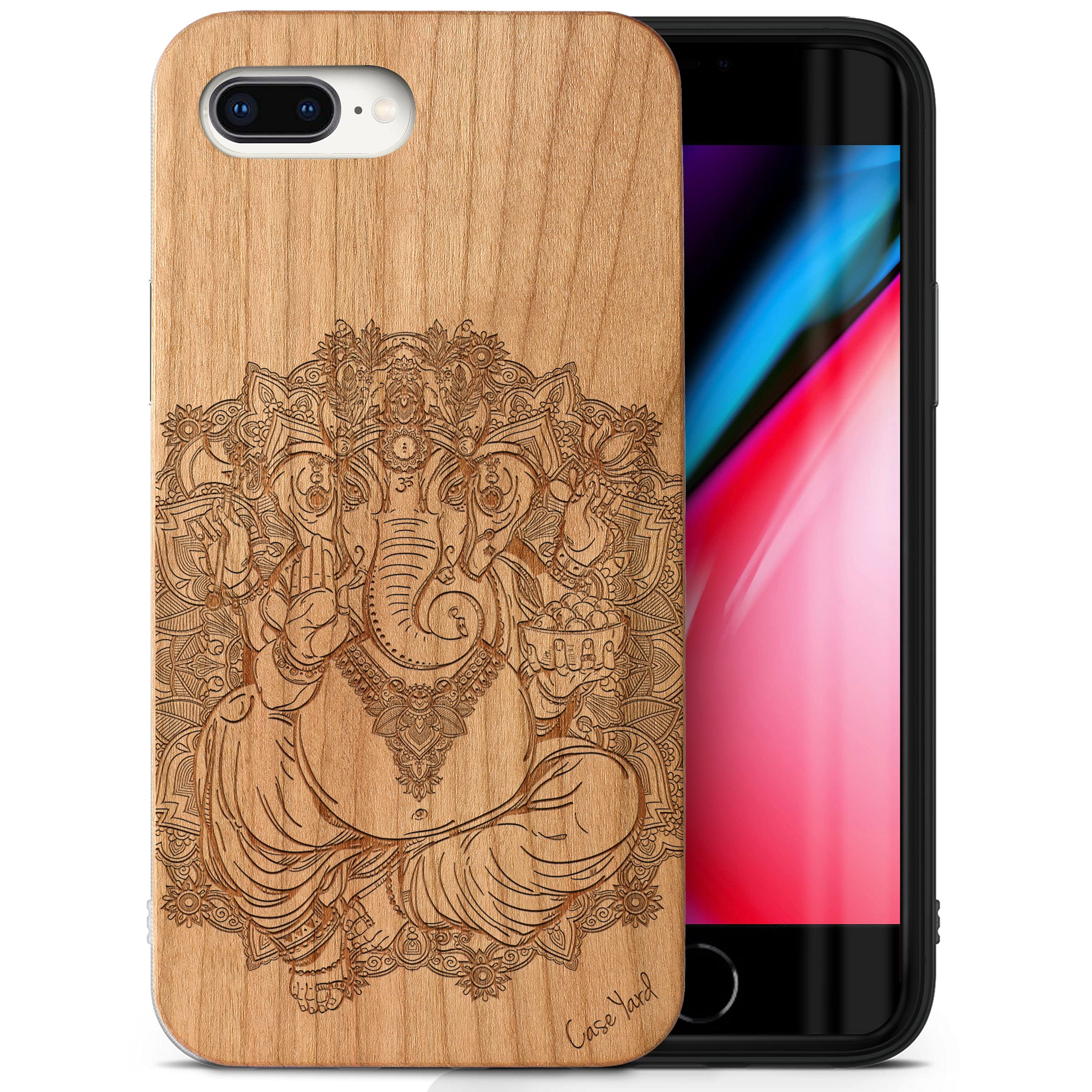 CaseYard Wood Phone Case for iPhone 8 Plus - Laser Engraved Elephant God Design in Cherry Wood | Slim Fit Shockproof Protective Cover for Men & Women | Perfect for Travel, Office & Everyday Use