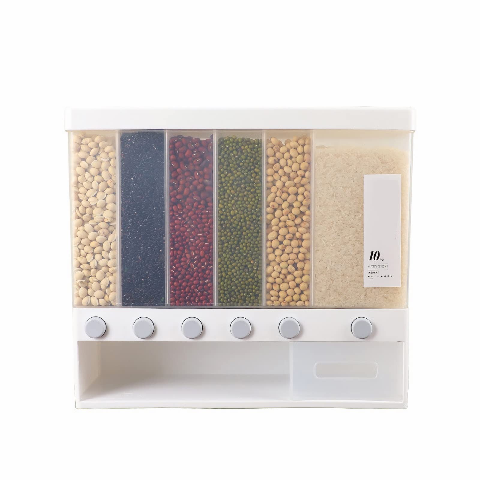 QRQ 6-Grid Wall Mounted Grain Storage Container - Airtight Rice & Dry Food Dispenser for Kitchen Organization - Perfect for Pantry, Spice, Cereal, and Pet Food Storage