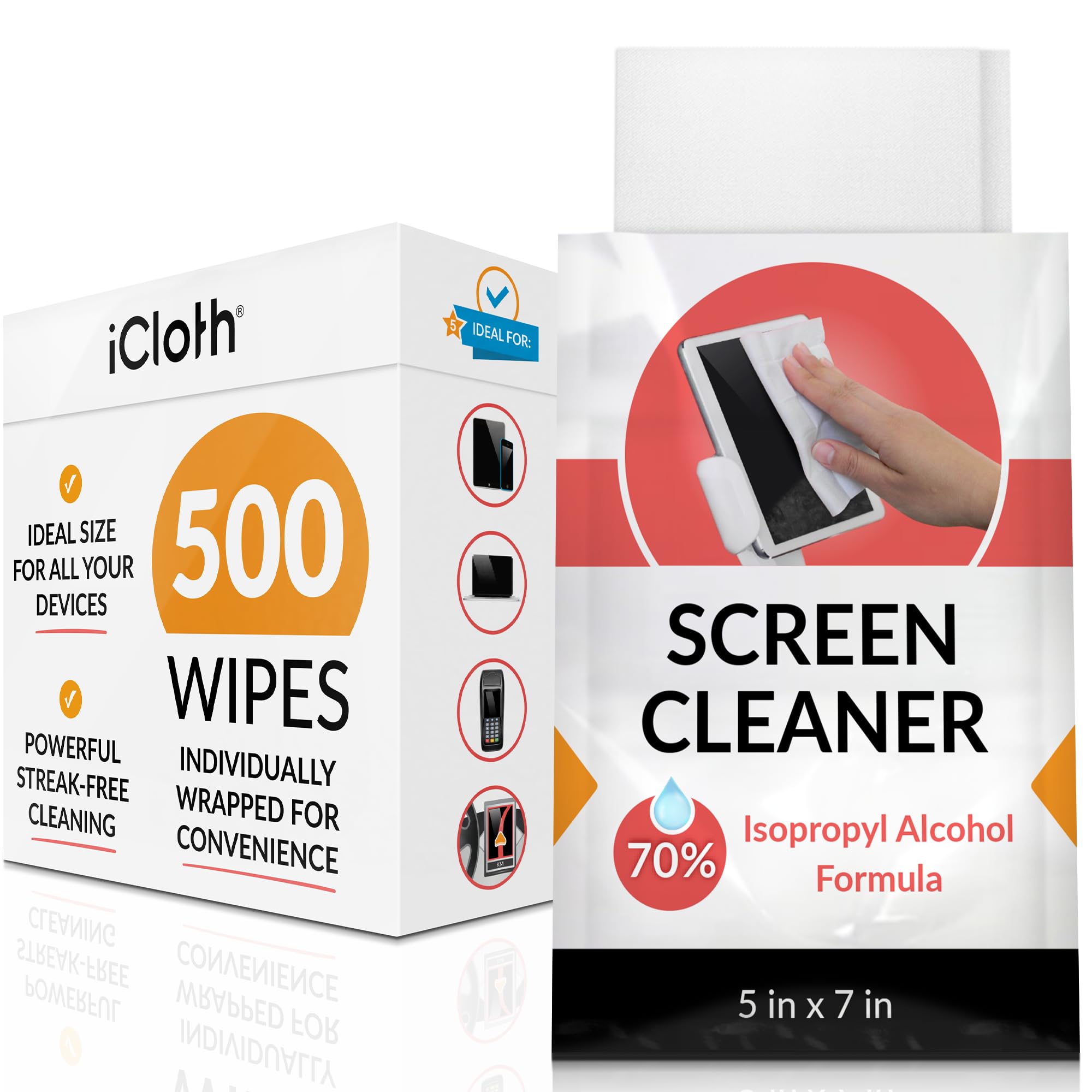 iCloth 70% Isopropyl Alcohol Wipes for Screens & Electronics - Lint-Free, Streak-Free, Fast-Drying - Removes Dust, Fingerprints & Germs (500 Count) - Perfect for Cleaning Smartphones, Tablets, Laptops & Glasses