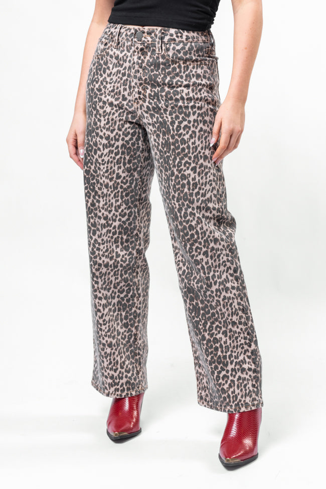 Primal Instincts Women's Wide Leg Leopard Print Jeans - High Waisted Stretchy Denim Pants for Casual Outfits & Streetwear Fashion