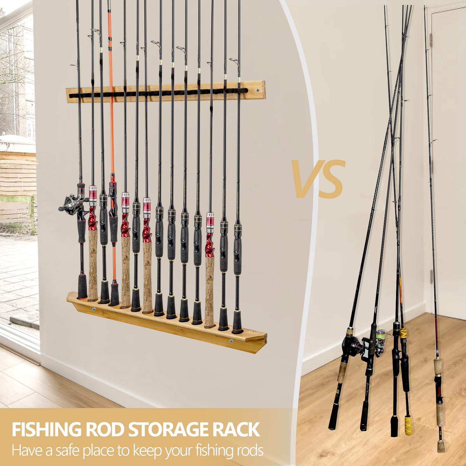 THKFISH Fishing Rod Holder Wall Mount - Wooden Garage Storage Rack for 6-7 Fishing Rod Combos, Baitcasting & Spinning Reels - Perfect for Organizing Fishing Gear in Garage, Boat, or Cabin