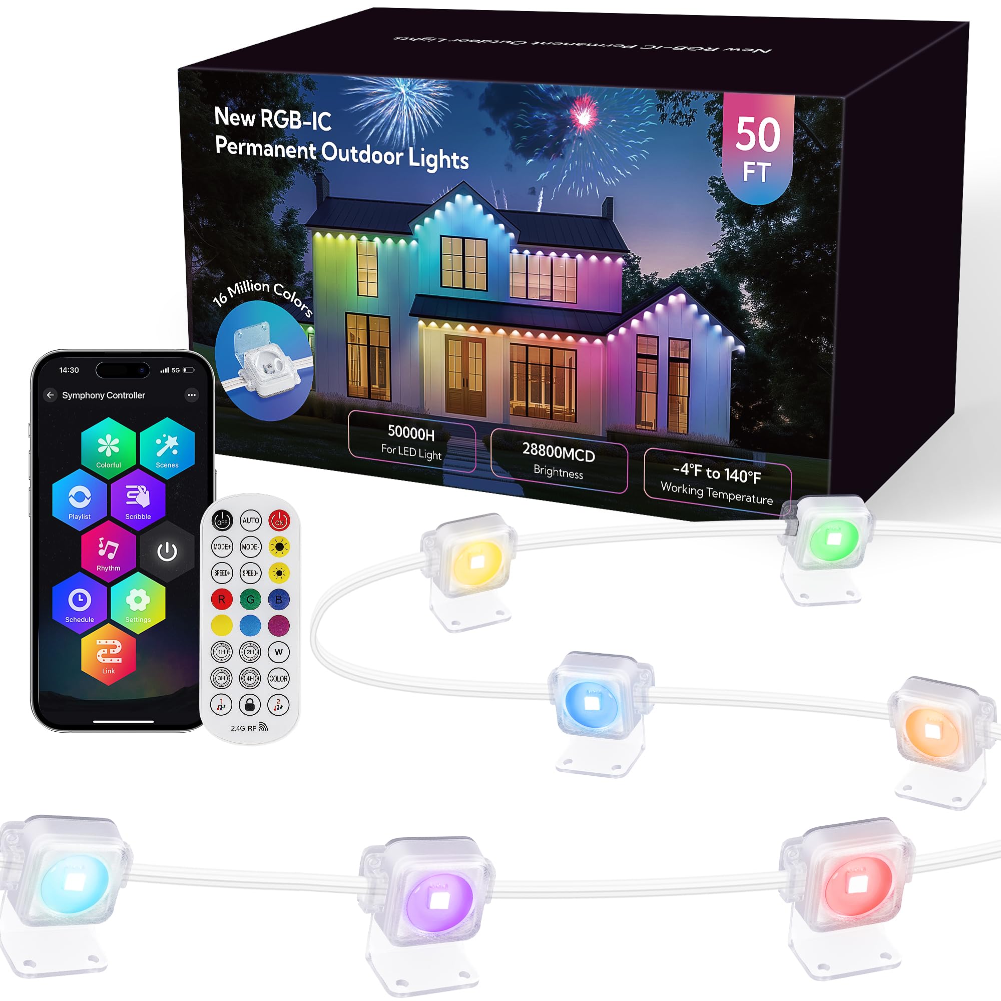 55FT Smart RGB LED Outdoor Permanent Lights - Waterproof, App Control, 16 Million Colors for Patio, Garden, Christmas & Holiday Decoration