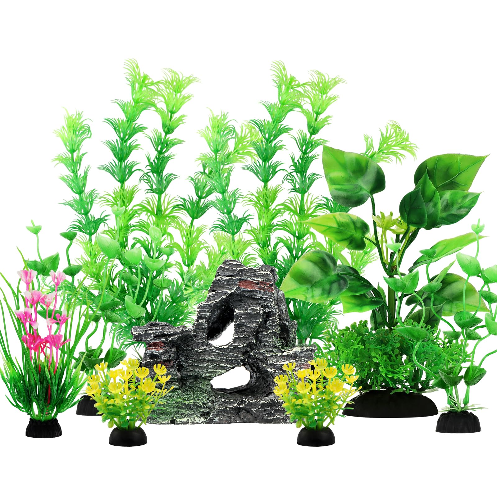 9pcs Artificial Aquarium Plants with Cave Rock Decor Set - Green Plastic Fish Tank Plants for Aquascaping & Betta Fish Habitat | Perfect for Freshwater Tanks, Home & Office Aquarium Decorations