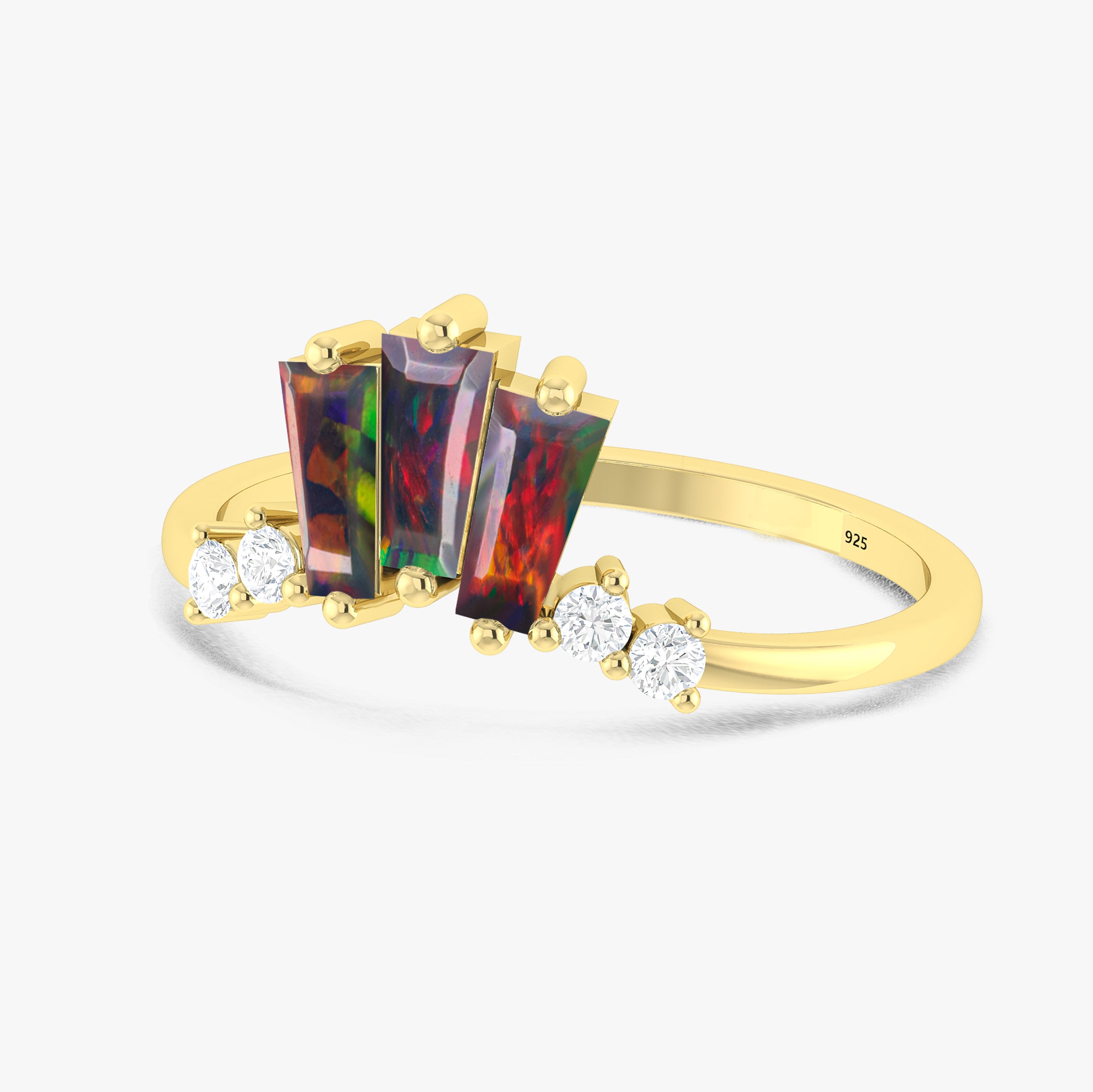 Black Opal Baguette Ring with CZ Stones - Elegant Vintage Style Jewelry for Women, Perfect for Weddings, Anniversaries & Special Occasions