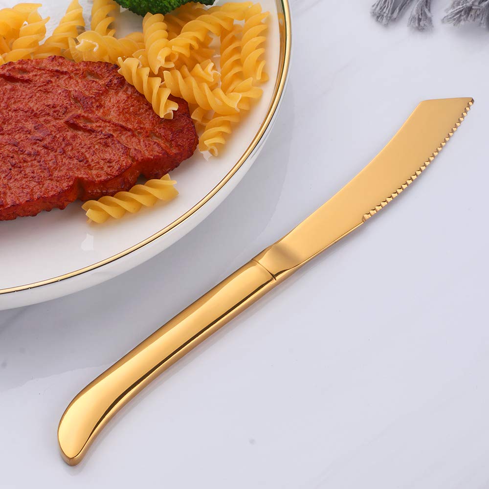 Premium 6-Piece Steak Knife Set - Serrated Stainless Steel Steak Knives with Gold Handles - Dishwasher Safe for Easy Cleaning - Perfect for Steak Dinners, BBQs & Fine Dining by QIBORUN