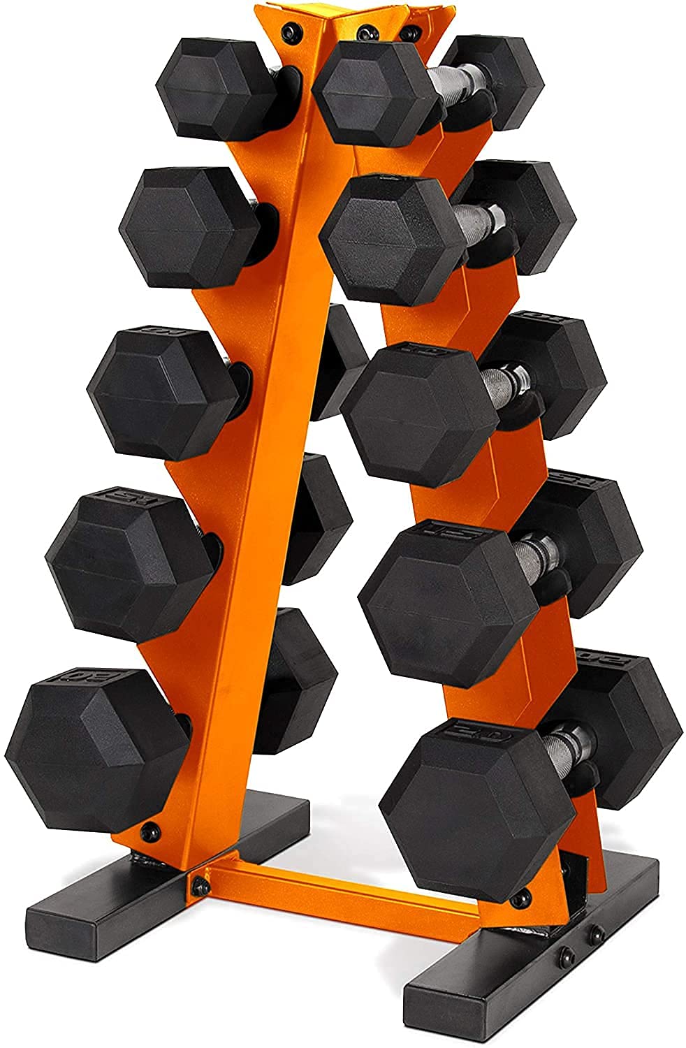 CAPHAUS 5-25 lb Adjustable Dumbbell Set with A-Frame Storage Rack - Solid Hexagon Free Weights for Home Gym, Strength Training - Cast Iron Rubber Coated Weights for Men & Women - Perfect for Small Spaces, Apartment Workouts & Weight Lifting Training