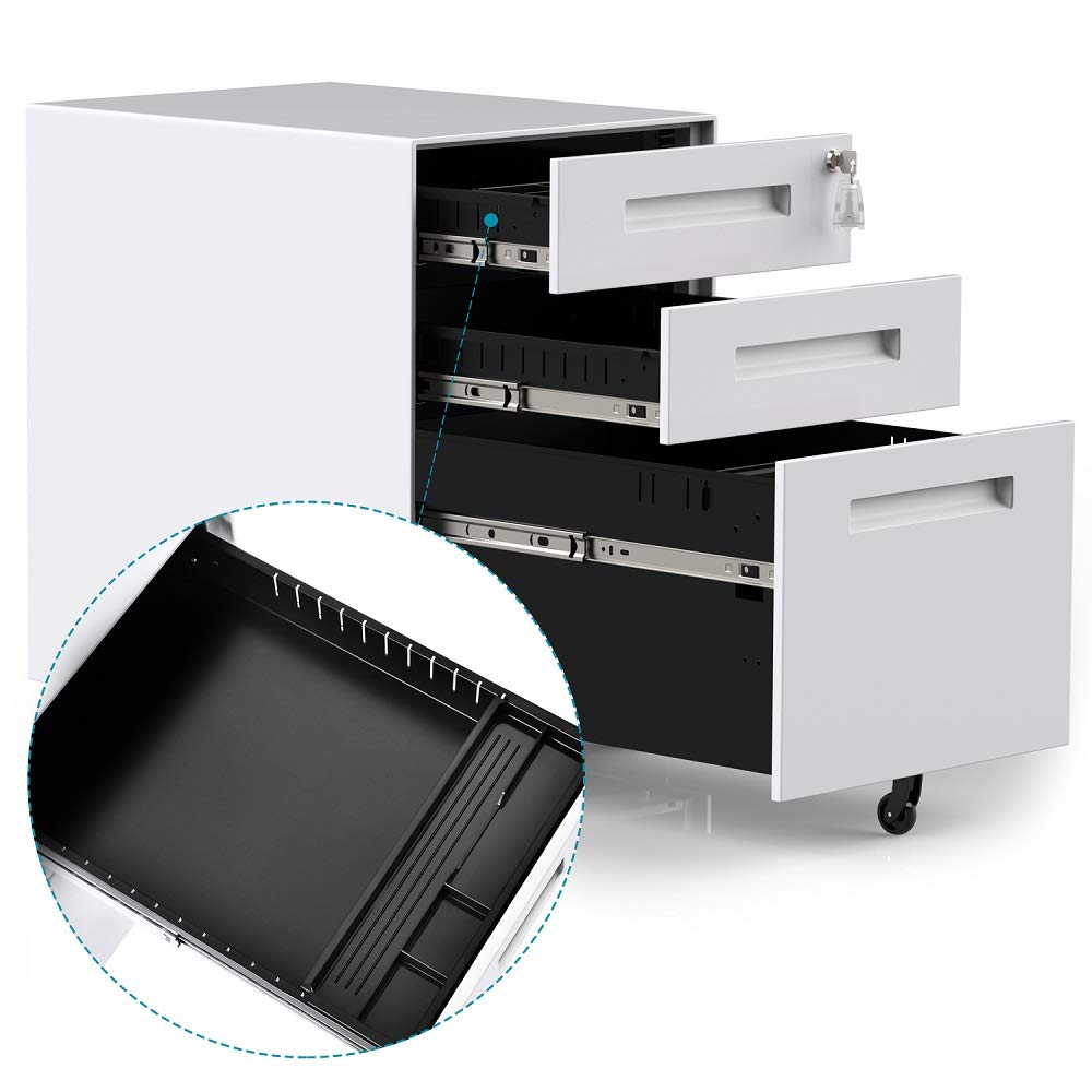 3-Drawer Mobile File Cabinet with Lock - Under Desk Rolling Storage Organizer, White Office File Cabinet Fully Assembled - Perfect for Home, Office & Workspace Organization