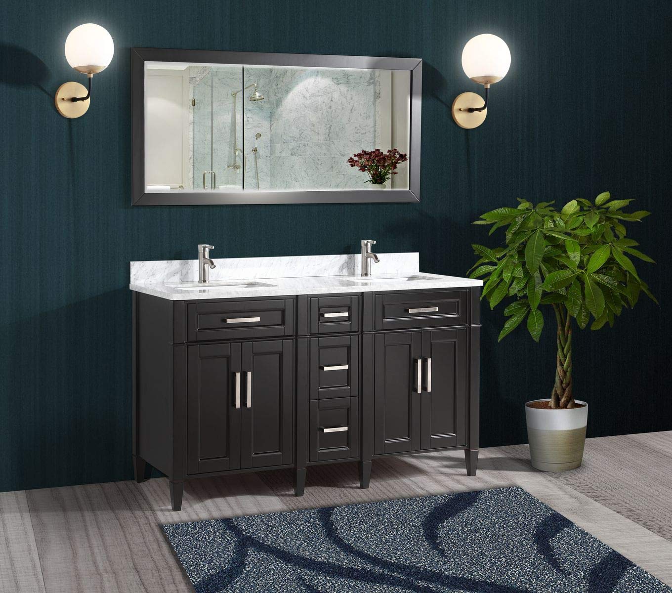 Vanity Art 60 Inch Double Sink Bathroom Vanity with Mirror | Carrara Marble Top Storage Cabinet with Dovetailed Drawers, Soft Closing Doors & Brushed Nickel Handles | Modern Bathroom Organizer for Master Bath, Guest Bath & Powder Room (VA2060-DE)