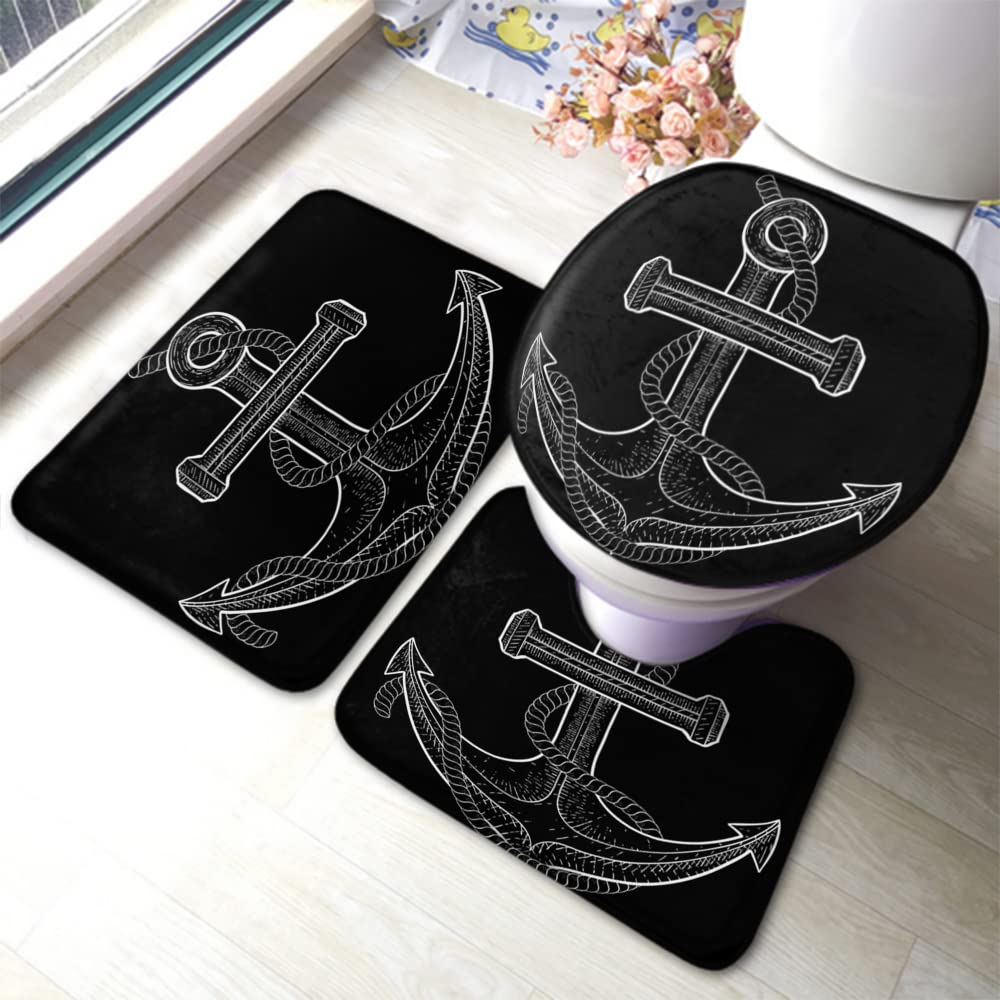 Zaueky 3-Piece Bathroom Rug Set - Non-Slip Black & White Nautical Anchor Design with Rubber Backing, U-Shaped Contour Rug & Toilet Lid Cover | Coastal Decor for Bathroom, Guest Room & Beach House