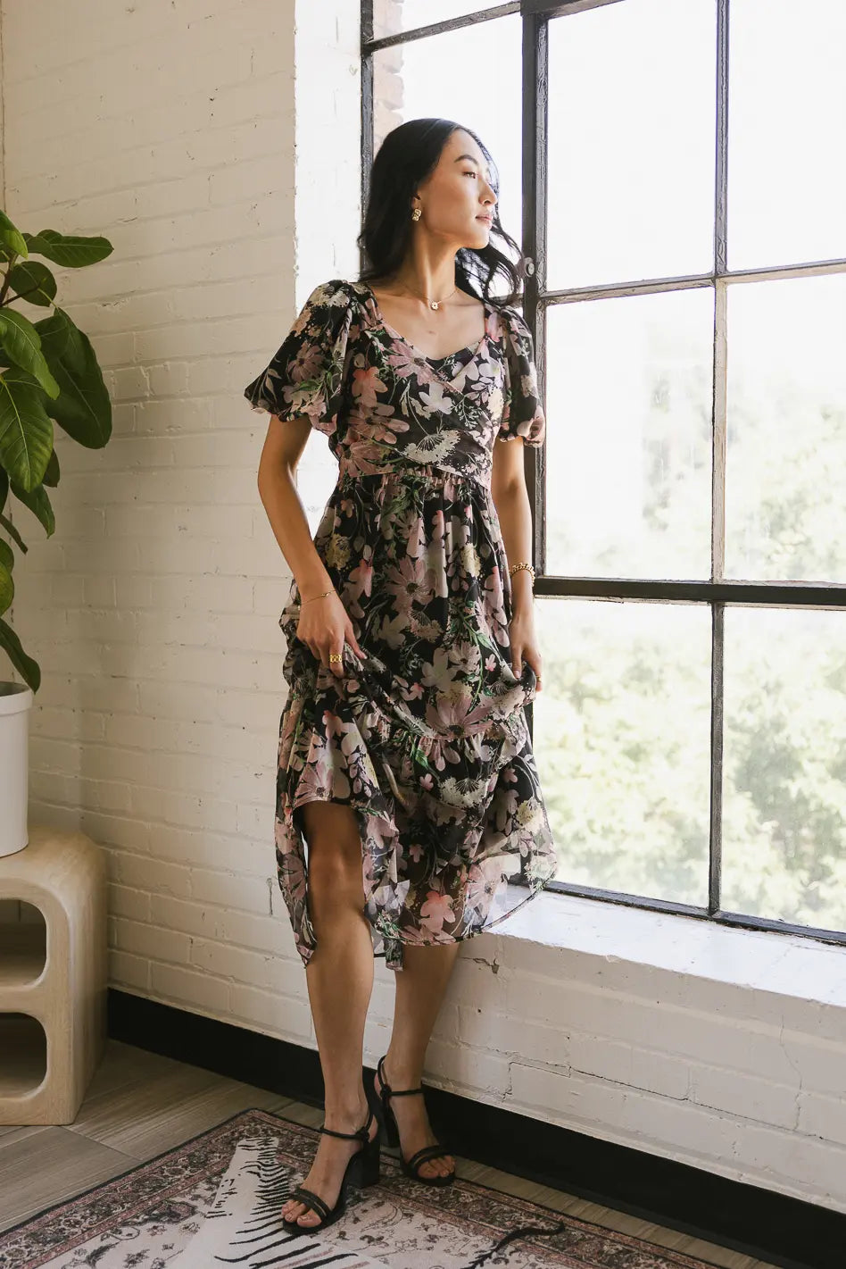 Angelique Floral Tie Dress in Black - Elegant Women's Summer Dress for Parties & Weddings - FINAL SALE