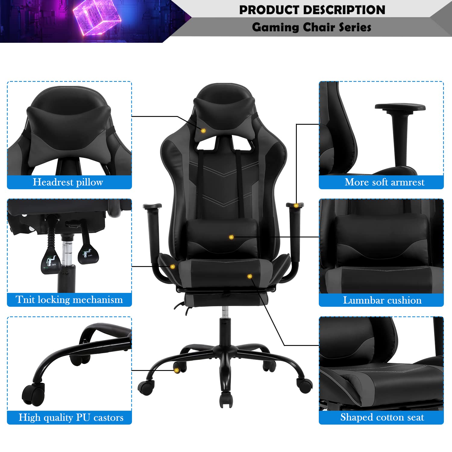 Ergonomic PC Gaming Chair - High Back PU Leather Racing Office Chair with Adjustable Lumbar Support & Headrest, Swivel Rolling Task Chair for Adults & Teens - Perfect for Gaming, Streaming & Home Office (Grey)