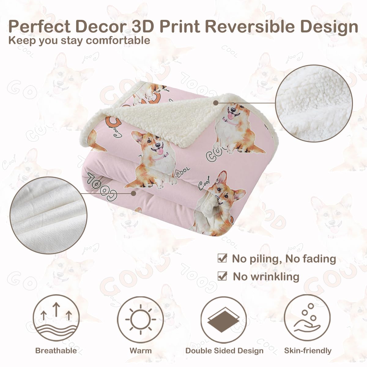 **Corgi Fleece Throw Blanket - Cute Puppy Dog Print Sherpa Blanket for Baby & Kids (30