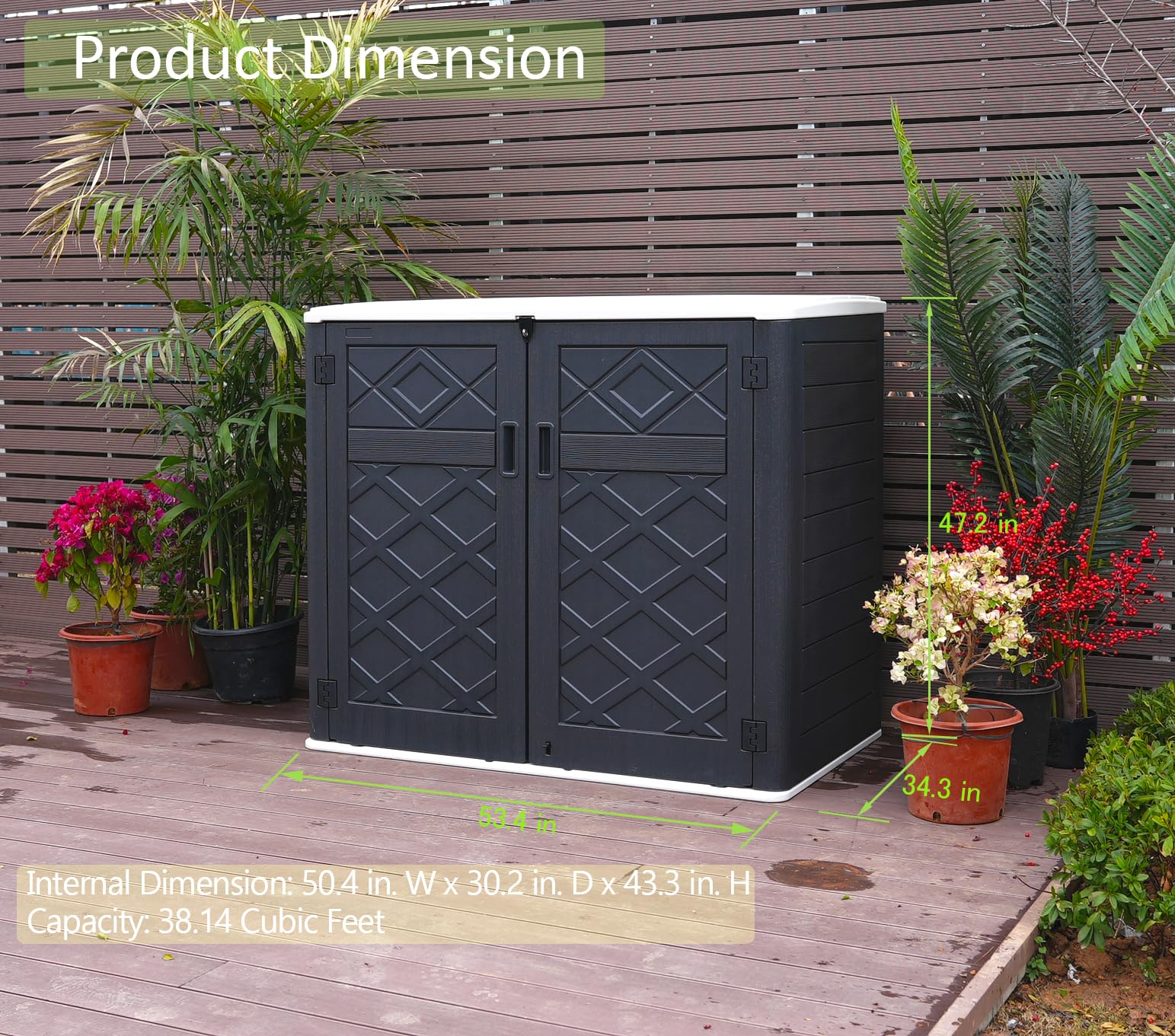 ADDOK 38 Cuft Large Outdoor Storage Shed - Weatherproof & Waterproof Horizontal Garden Storage Box for Backyard, Patio & Lawn - Perfect for Bikes, Trash Cans, Lawn Mowers & Patio Tools - Ideal for Organizing Outdoor Equipment & Seasonal Items