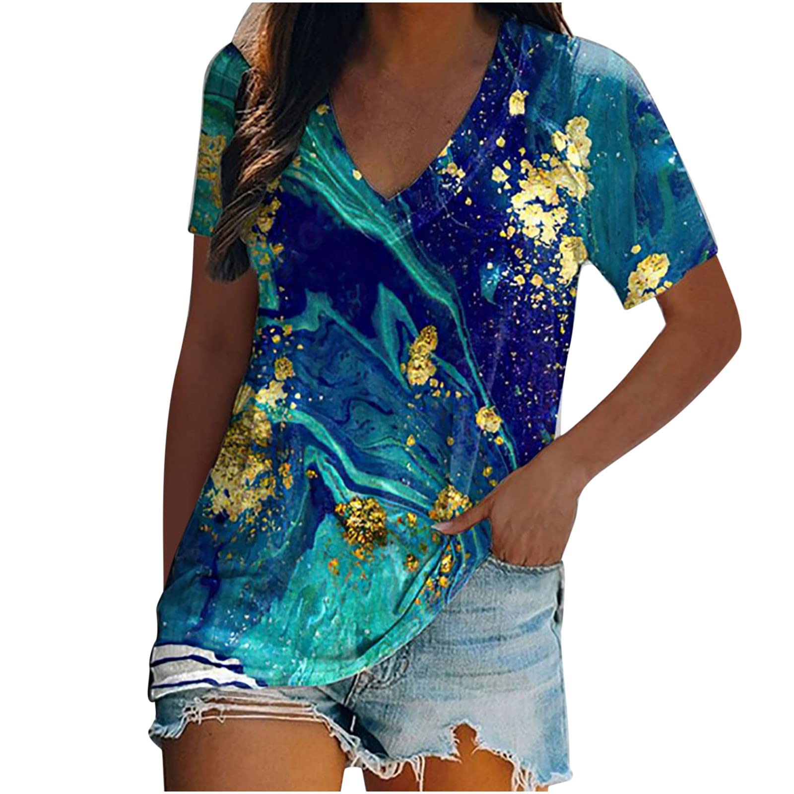 Women's Summer V-Neck Tops - Short Sleeve Casual Blouse & Loose Gradient Tank Top for Beach, Travel & Everyday Wear | Breathable Basic Shirt