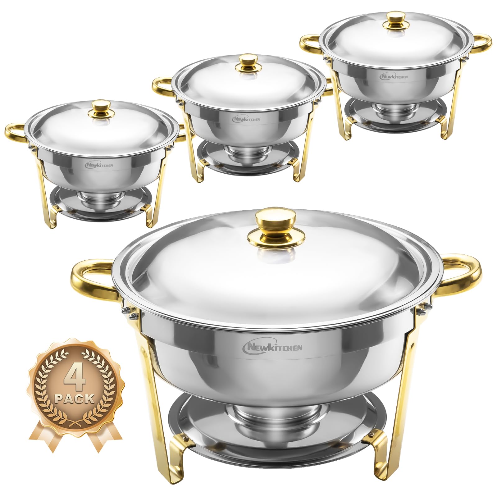 4-Pack 6QT Round Stainless Steel Chafing Dishes for Buffet - Elegant Gold & Silver Serving Set for Catering, Weddings, Parties & Events | Keep Food Warm at Receptions, Banquets & Buffet Lines