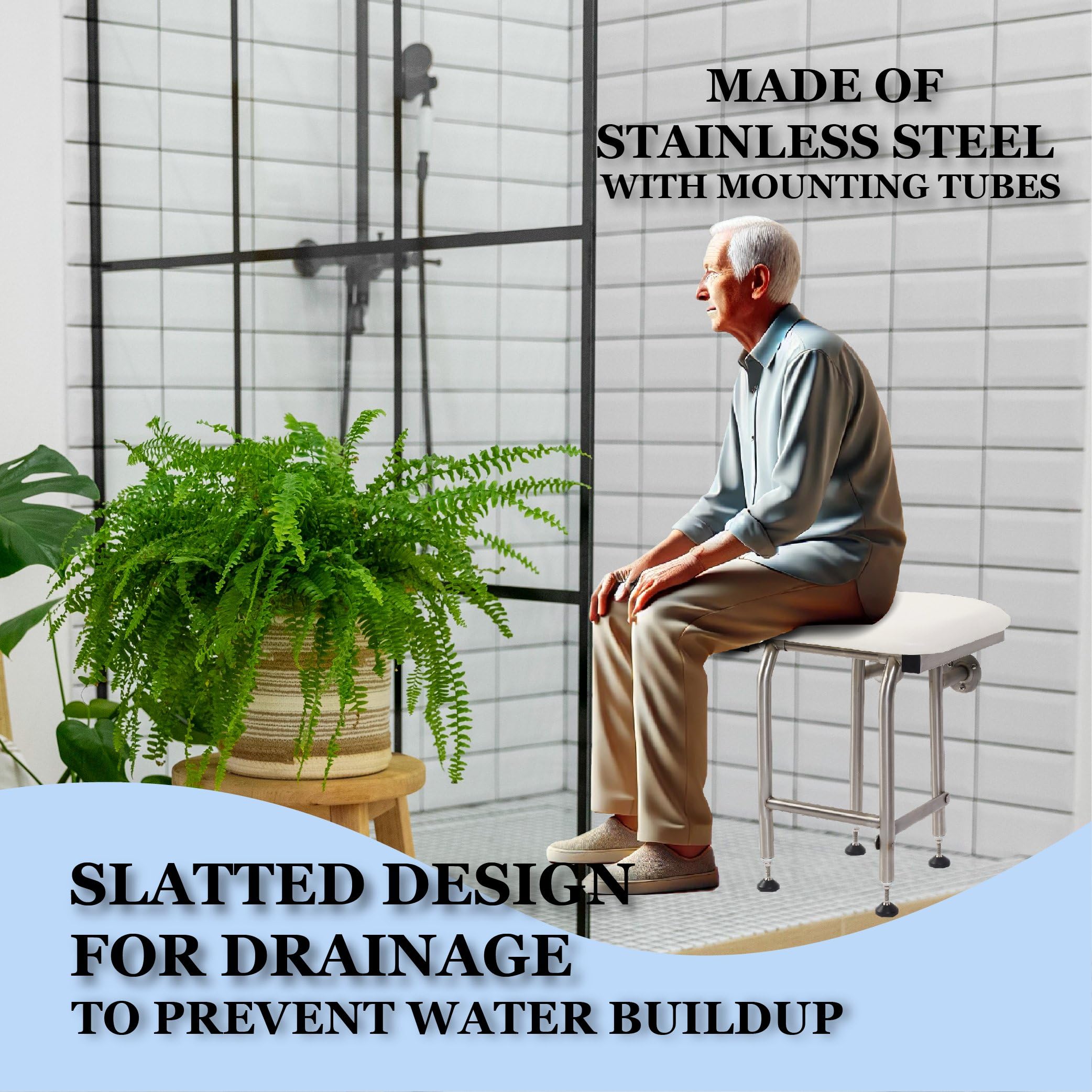 ADA Compliant Heavy Duty Padded Shower Seat with Legs - 400lb Capacity 304 Stainless Steel Shower Chair for Elderly & Disabled - Foldable Wall Mounted Bath Seat 16