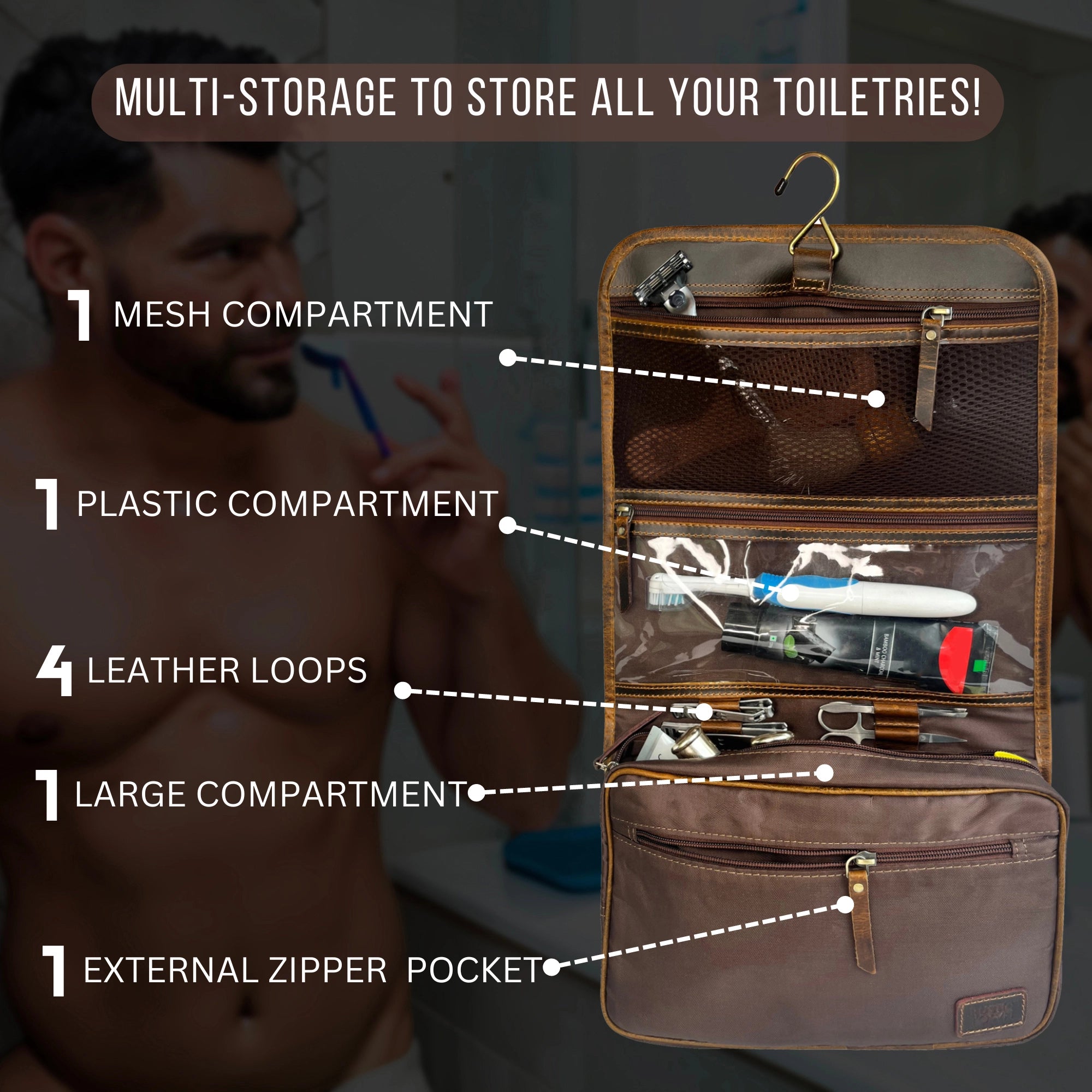 Premium Leather Hanging Toiletry Bag for Travel - Waterproof Cosmetic Organizer with Multiple Pockets for Men & Women - Perfect for Vacation, Gym, and Business Trips