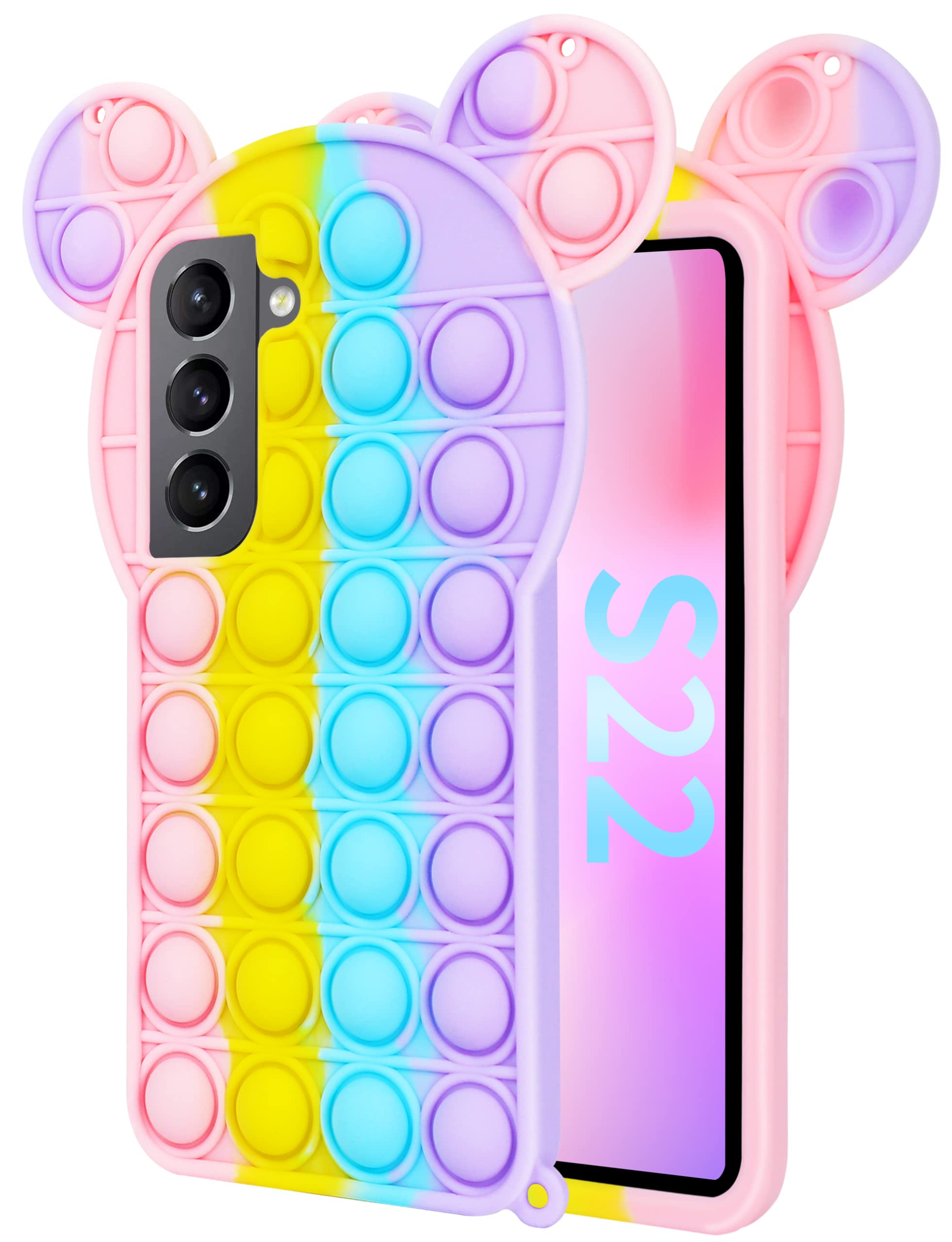 Toycamp Cute Kawaii 3D Bear Cartoon Silicone Phone Case for Samsung Galaxy S22 6.1 Inch - Fun Push Bubble Wrap Design, Unique Color for Teens & Girls - Perfect for Stress Relief, School, Office & Daily Use