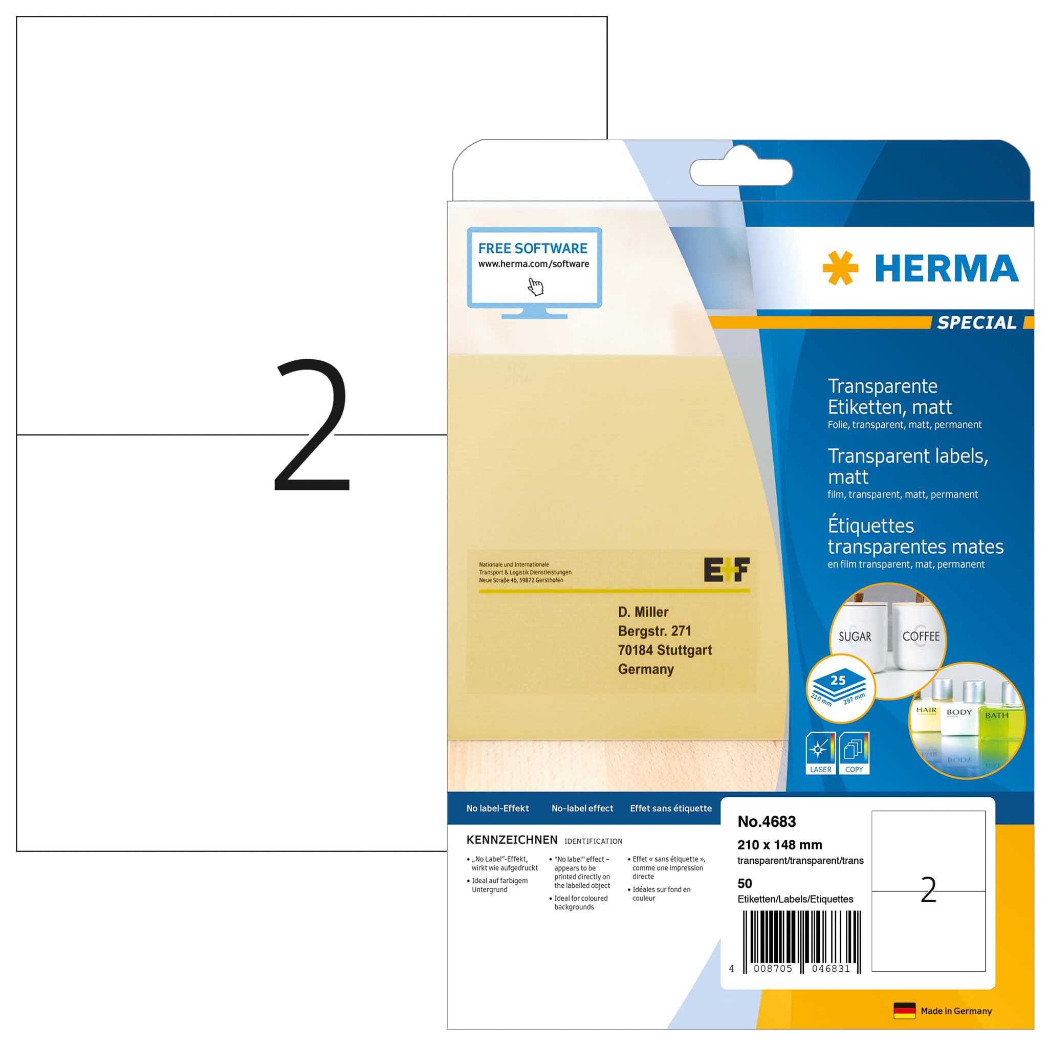 Herma 4683 Self Adhesive Clear Film Labels - 2 Labels per A4 Sheet, 800 Sheets (1600 Labels), 210x148mm - Weatherproof Blank Stickers for Laser & Inkjet Printers - Perfect for Shipping Labels, Product Packaging & Organization (Transparent)