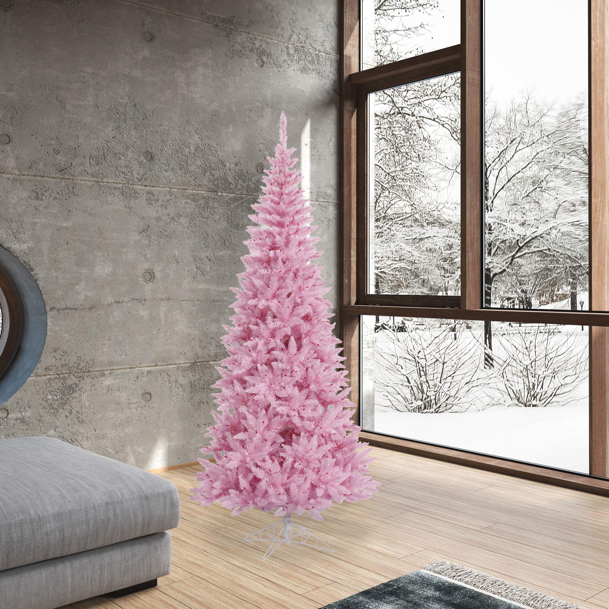 Vickerman 6.5 Foot Pink Slim Artificial Christmas Tree Unlit - Realistic Faux Fir Holiday Tree - Indoor Home Decor for Living Room, Bedroom & Office Holiday Season Decoration