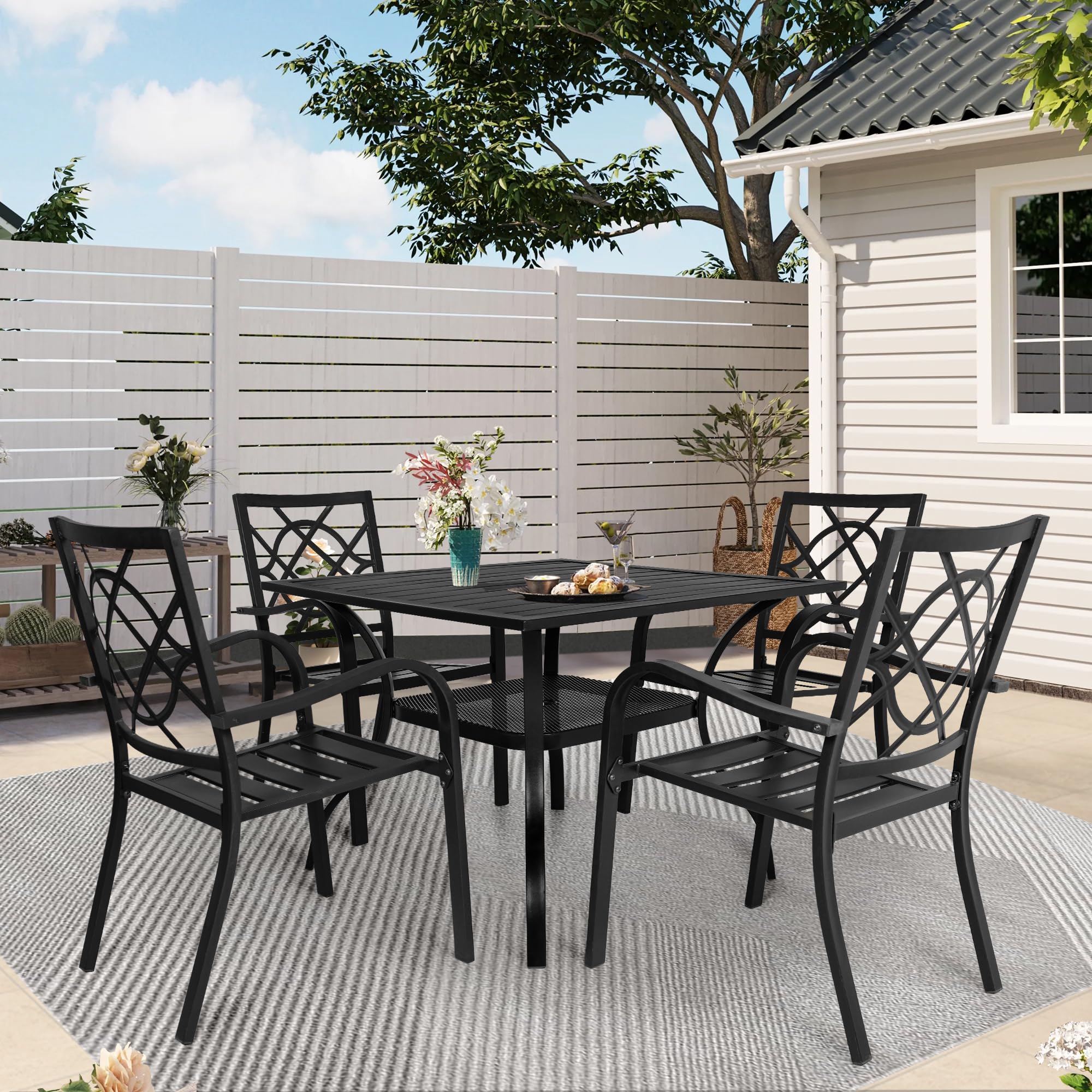 SUNCROWN 5-Piece Outdoor Wrought Iron Patio Dining Set - 4 Stackable Metal Chairs & 1 Steel Slat Bistro Table for Garden, Backyard, Deck - Perfect for Outdoor Entertaining, BBQ Parties, and Relaxing in Your Yard