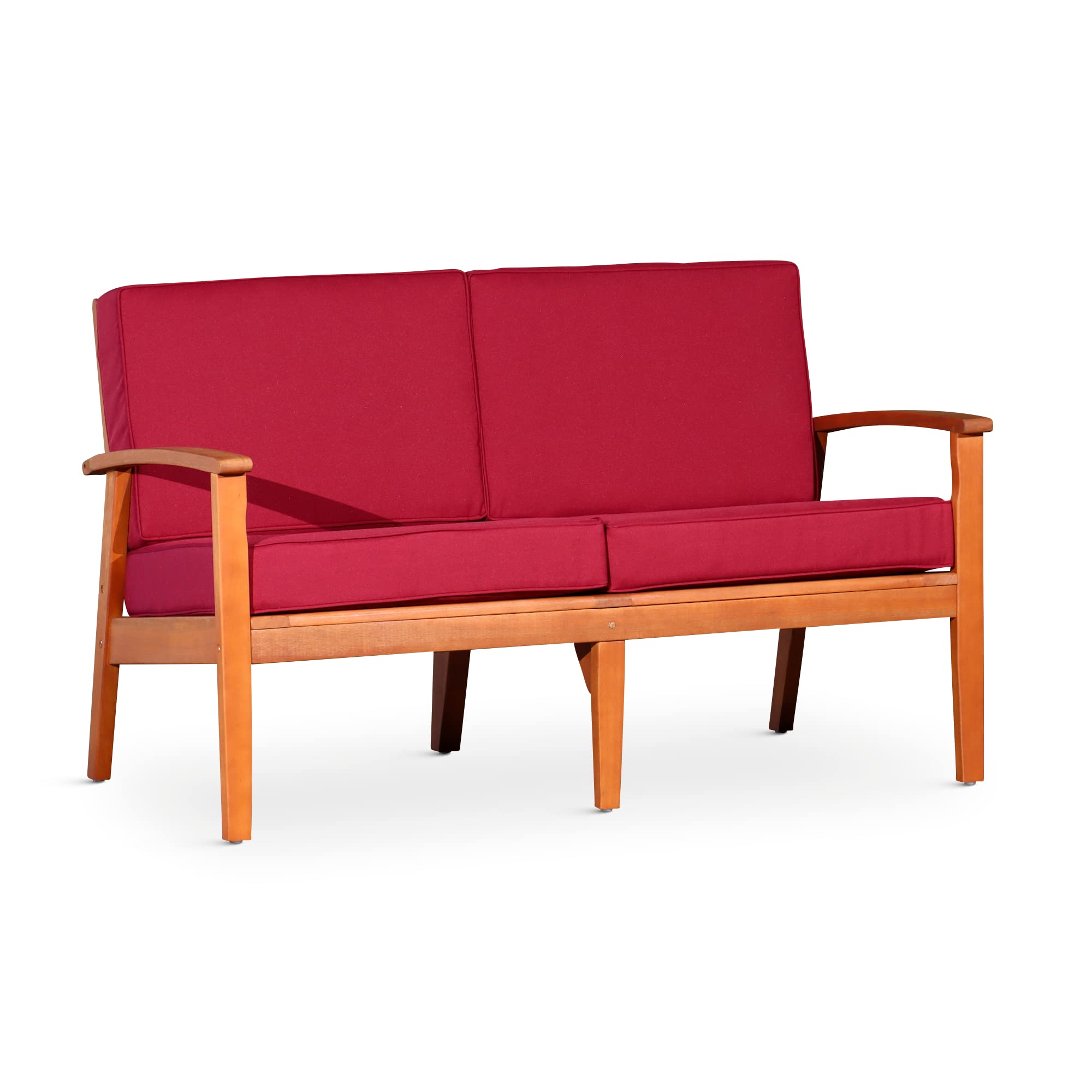 DTY Outdoor Living Longs Peak Eucalyptus Wood Loveseat with Weather-Resistant Cushions - Natural Oil Finish, Burgundy Cushion Set for Patio, Garden & Backyard Relaxation