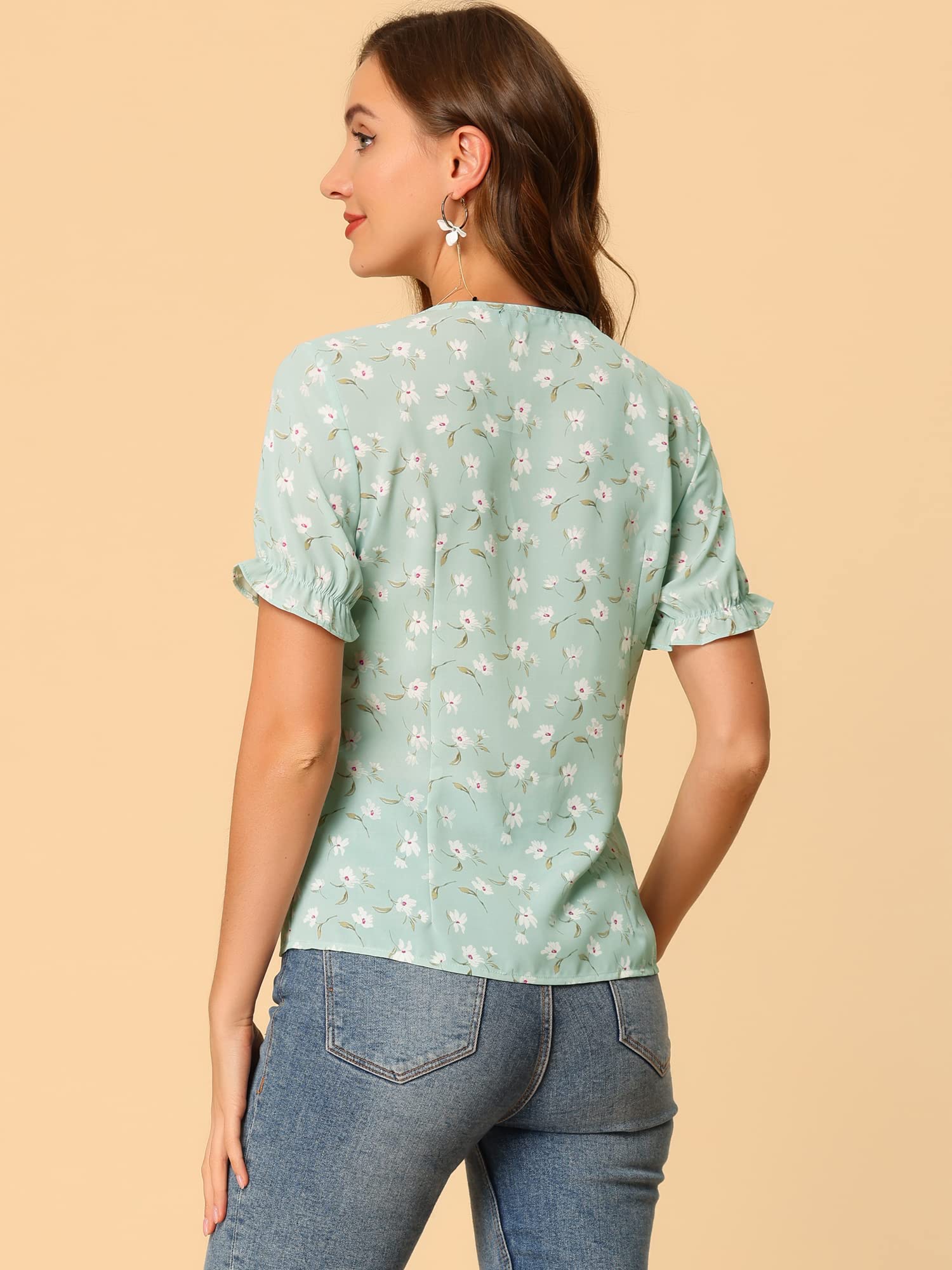 Allegra K Women's Floral Ruffled Short Sleeve Peter Pan Collar Blouse - Elegant Casual Top for Work, Date Night & Spring Outfits
