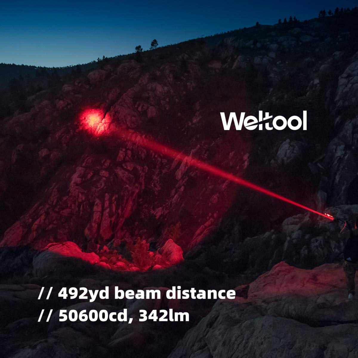 Weltool T10-HR Red Hunting Flashlight Kit - 492 Yards Long Distance Focused Beam, Scope Mount, Pressure Switch, Battery & Charger for Predator Hog Varmint Hunting - Ideal for Night Hunting, Wildlife Observation, and Outdoor Adventures