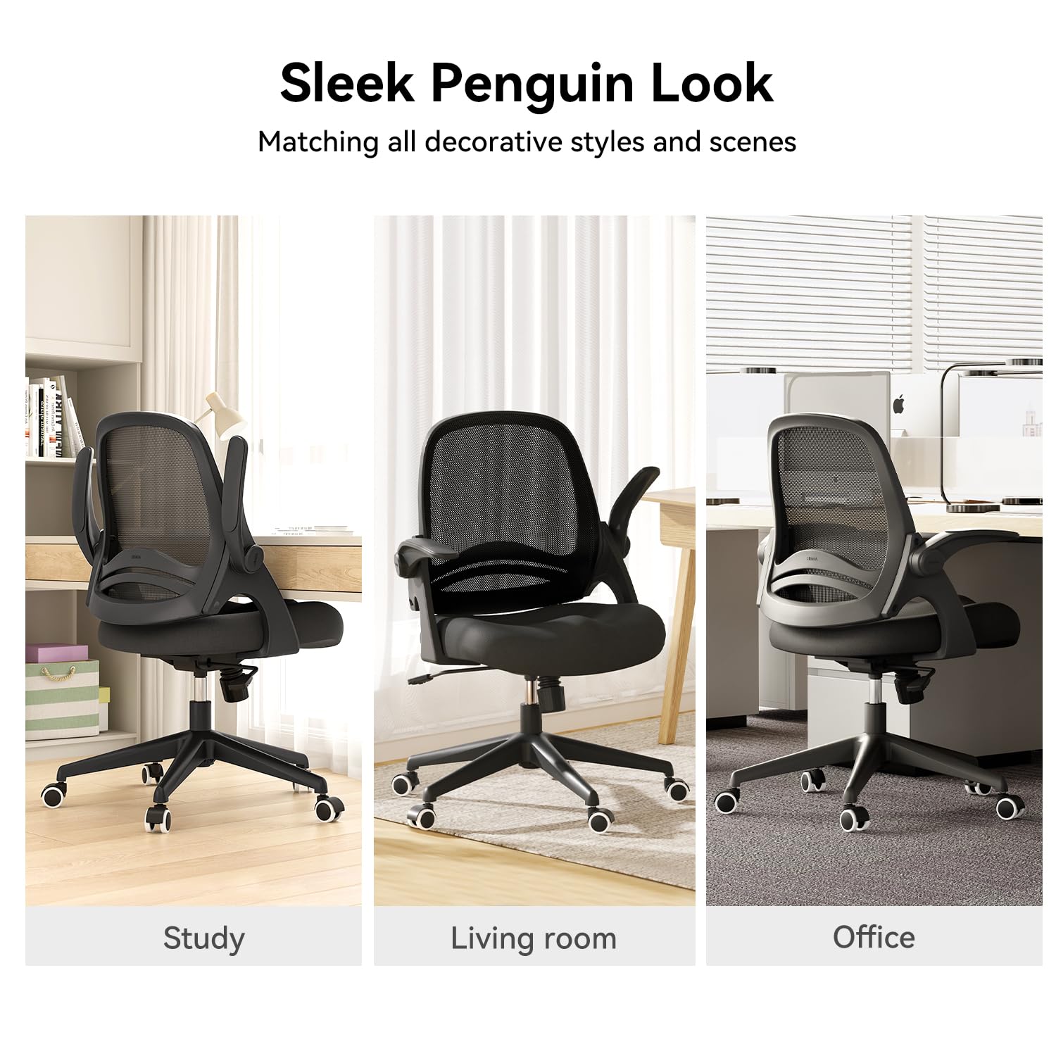 Hbada Ergonomic Office Chair with Flip-Up Armrests & Saddle Cushion - Adjustable Swivel Mesh Computer Desk Chair with S-Shaped Backrest, Black - Perfect for Home Office, Gaming & Workspace Comfort