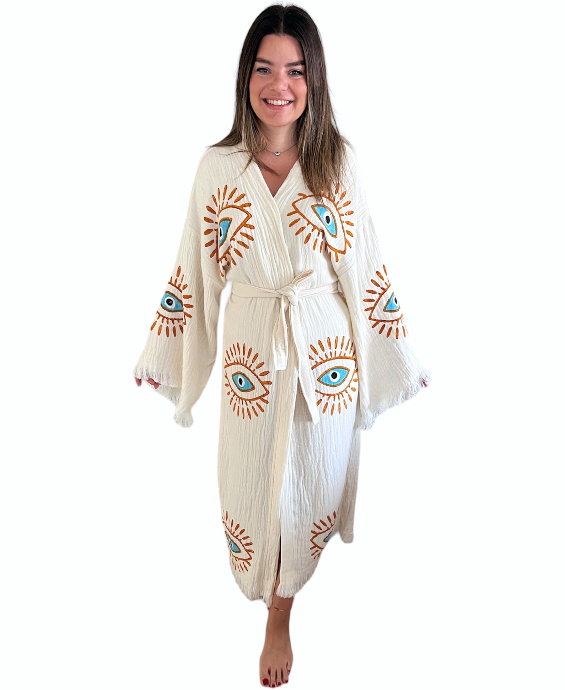 Handmade Evil Eye Kimono for Women - Bohemian Beach Cover Up, Festival Robe & Cotton Cardigan - Lightweight Dressing Gown for Summer, Yoga, Poolside & Vacation Wear