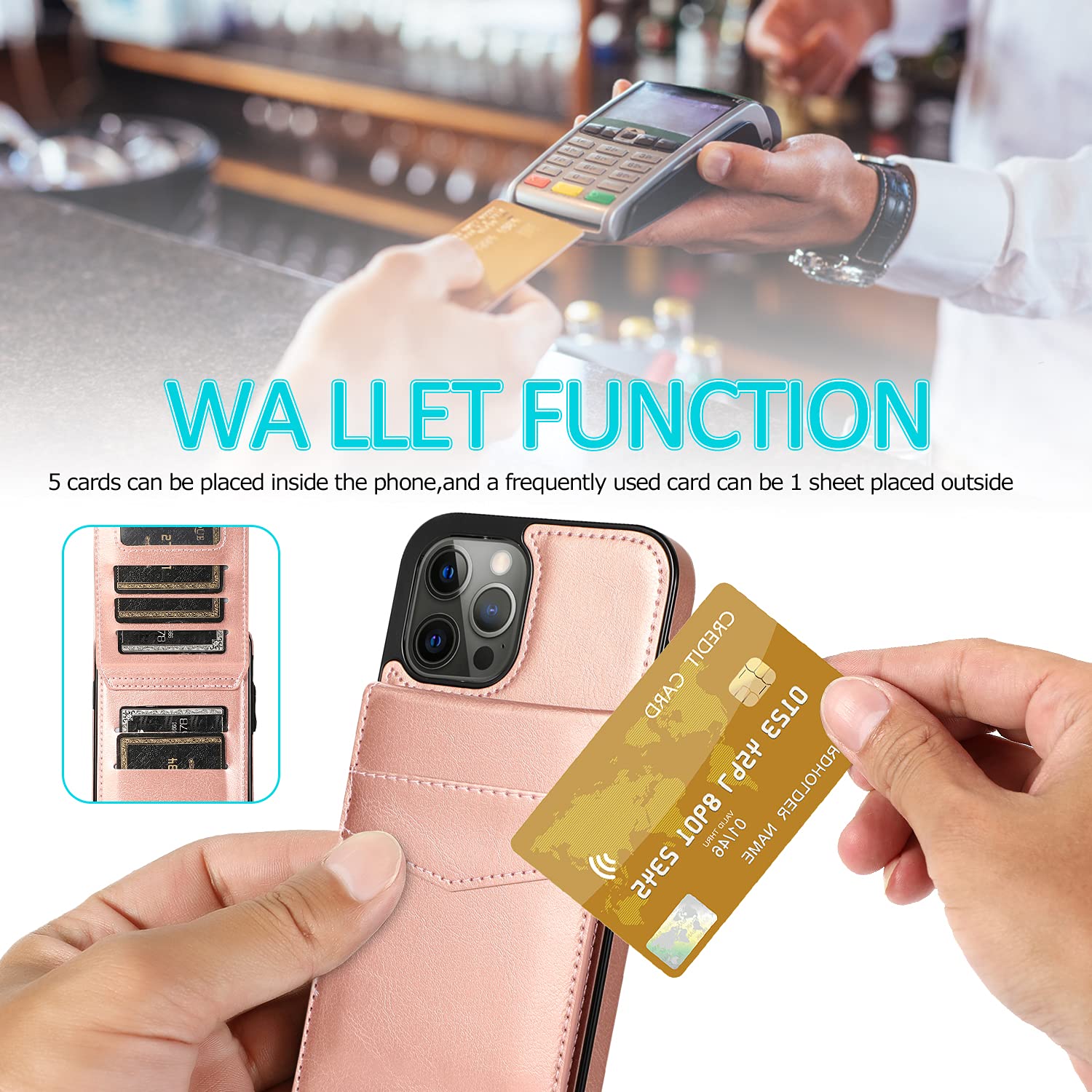 Premium Genuine Leather Wallet Case for iPhone 12 & iPhone 12 Pro - Slim Protective Cover with RFID Blocking Credit Card Slots (6.1 Inch, Rose Gold) | Perfect for Everyday Use, Travel & Business Meetings