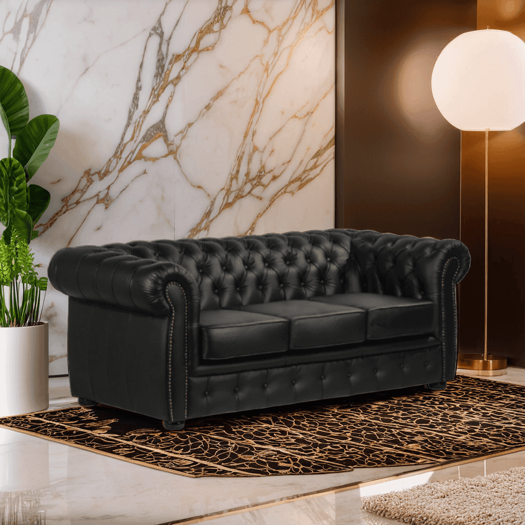 Premium Leather Chesterfield Sofa - Livermoore Genuine Leather Couch for Living Room, Office, Lounge & Library - Classic Tufted Design with Rolled Arms & Nailhead Trim