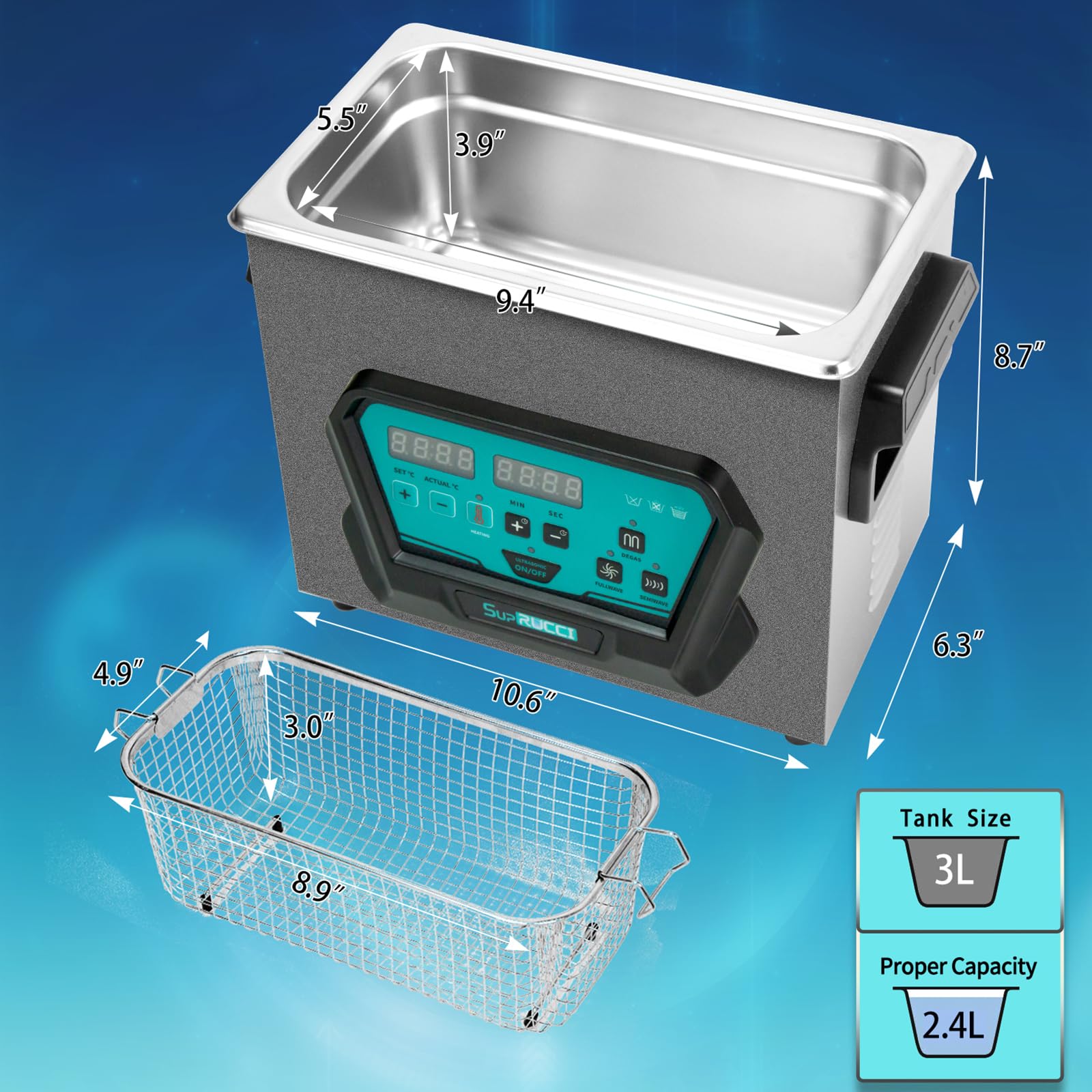 3L 120W Ultrasonic Cleaner with Heater & Timer - Professional Ultrasonic Cleaning Machine for Jewelry, Tools, Carburetors, 3D Printed Resin Parts - Perfect for Home Workshops, Dental Labs & Industrial Use (0.8 Gallon Capacity)