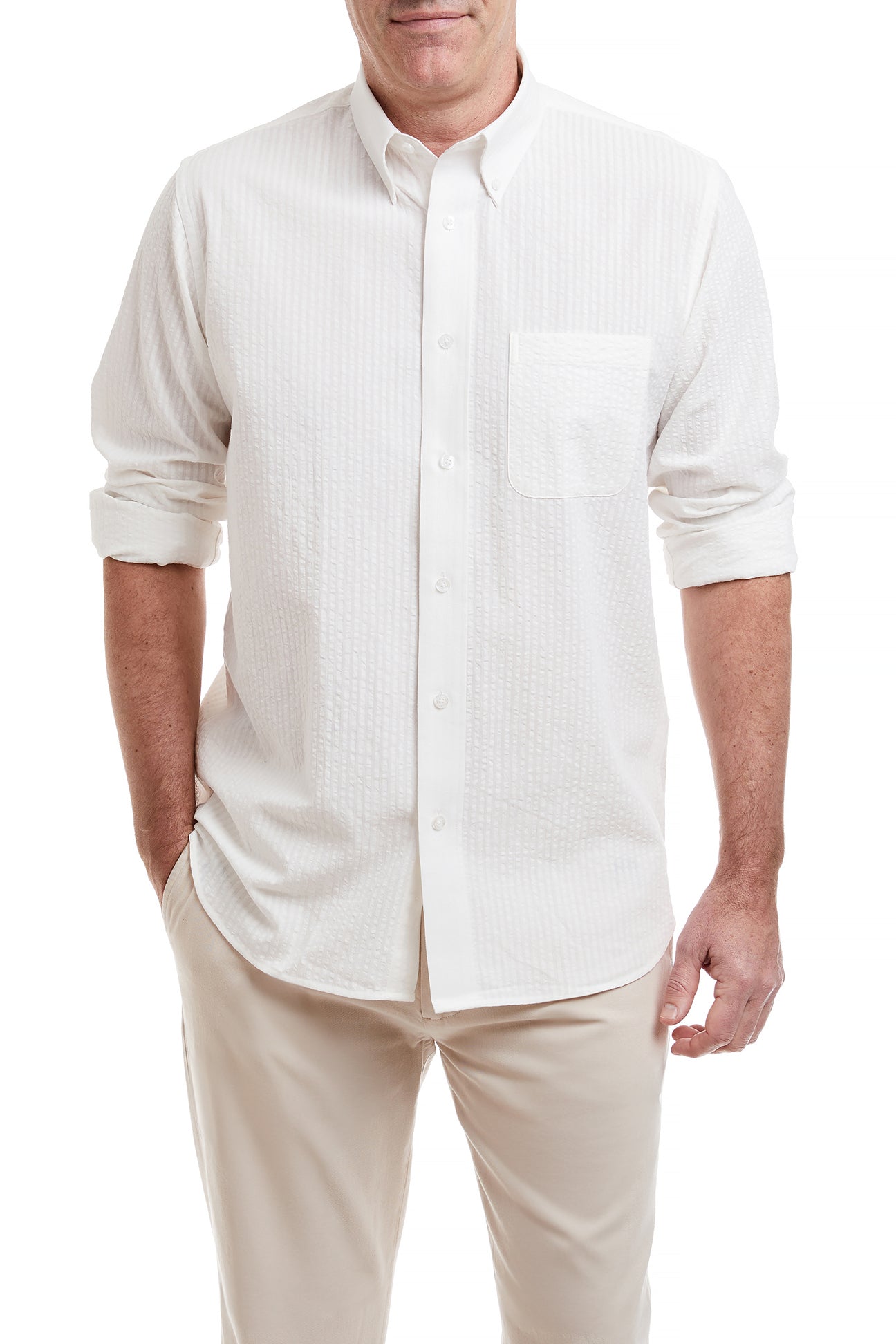 Men's White Seersucker Chase Shirt - Breathable Summer Casual Button Down for Golf, Beach & Outdoor Activities